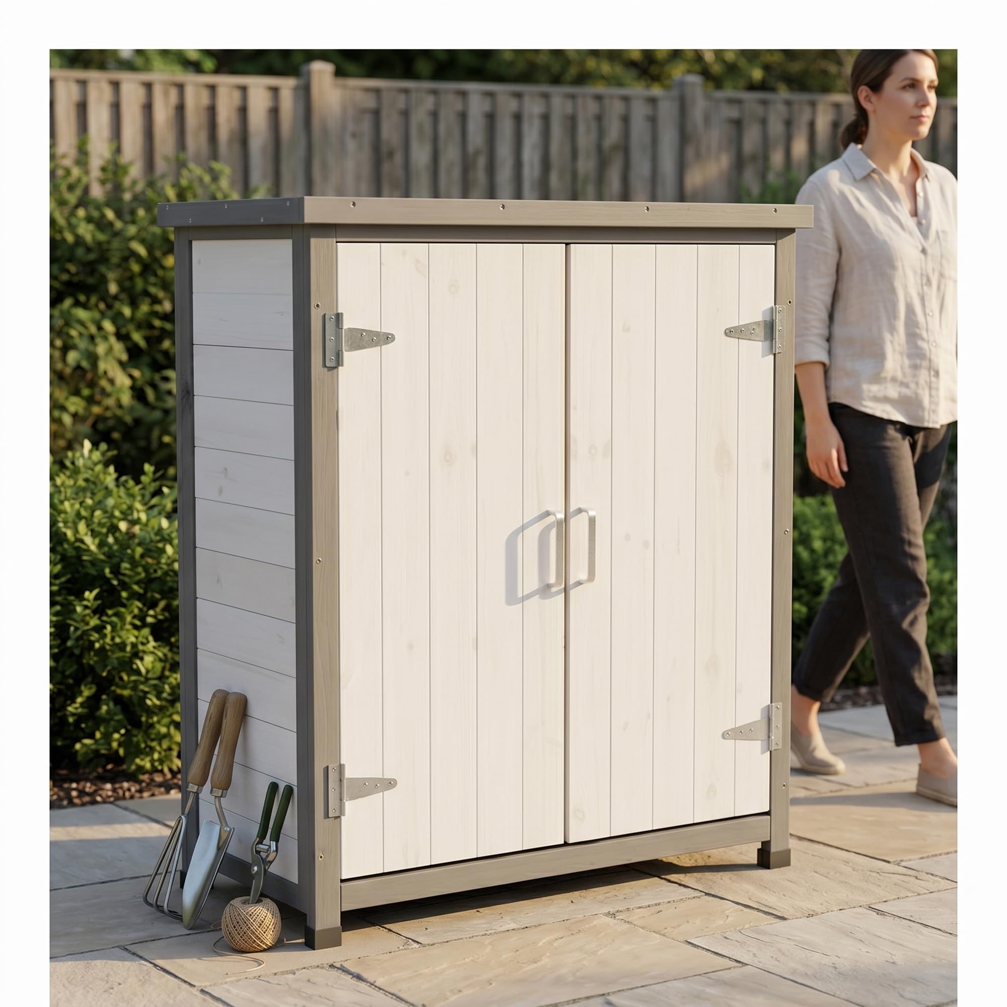Mucola Geräteschrank Garten 75x40x90 cm Holz Weiß – wetterfester Gartenschrank mit Einlegeboden & silberfarbenen Beschlägen – Aufbewahrungsschrank Outdoor für Terrasse Balkon Gartenschuppen