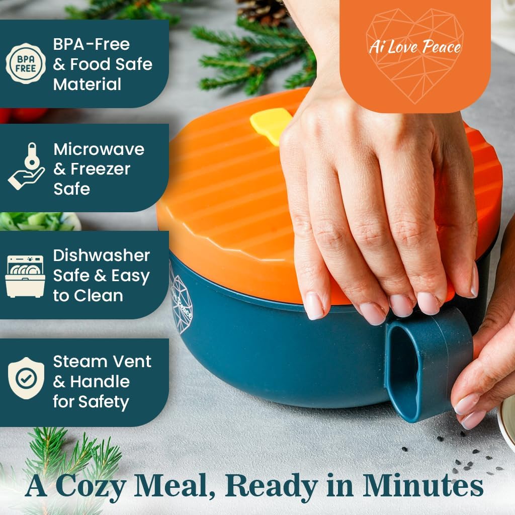 AI LOVE PEACE Ramen Bowl, 40 oz Microwaveable Noodle Cooker for Ramen, Pho, Soup, and Pasta, Dishwasher Safe and Portable, Ideal for Home, Office, Dorm, or Gift (Orange)