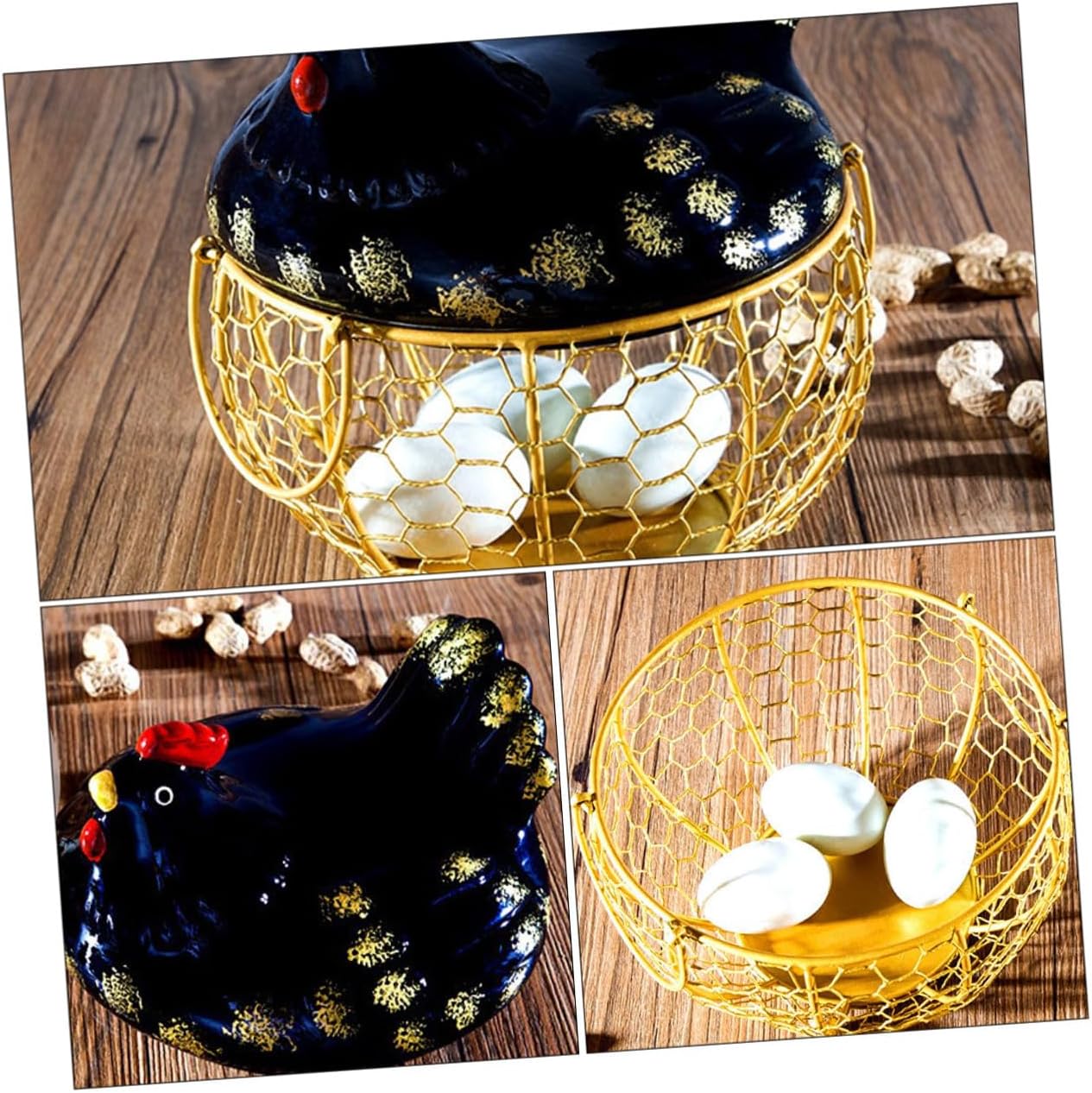 POPETPOP Farmhouse Iron Wire Egg Basket, Desktop Egg Holder Black Metal Lid and Gold Wire Frame, Kitchen Food Storage Container for Home Use