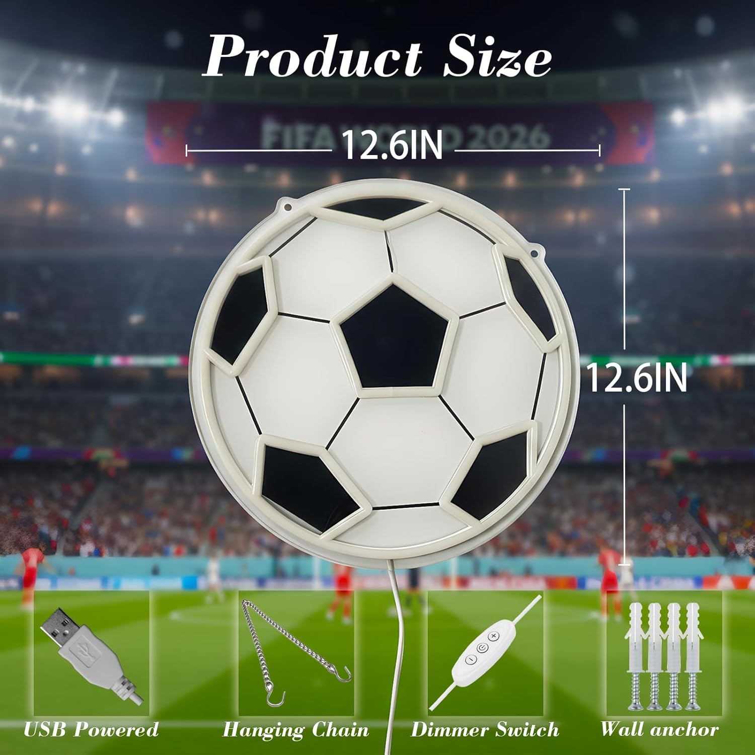 Soccer Neon Sign for Wall Decor, 2026 World Cup Decorations, Dimmable LED Night Light for Bedroom Sports Room Decor, Soccer Gifts for Boys 8-12, 12.6 x 12.6 Inches