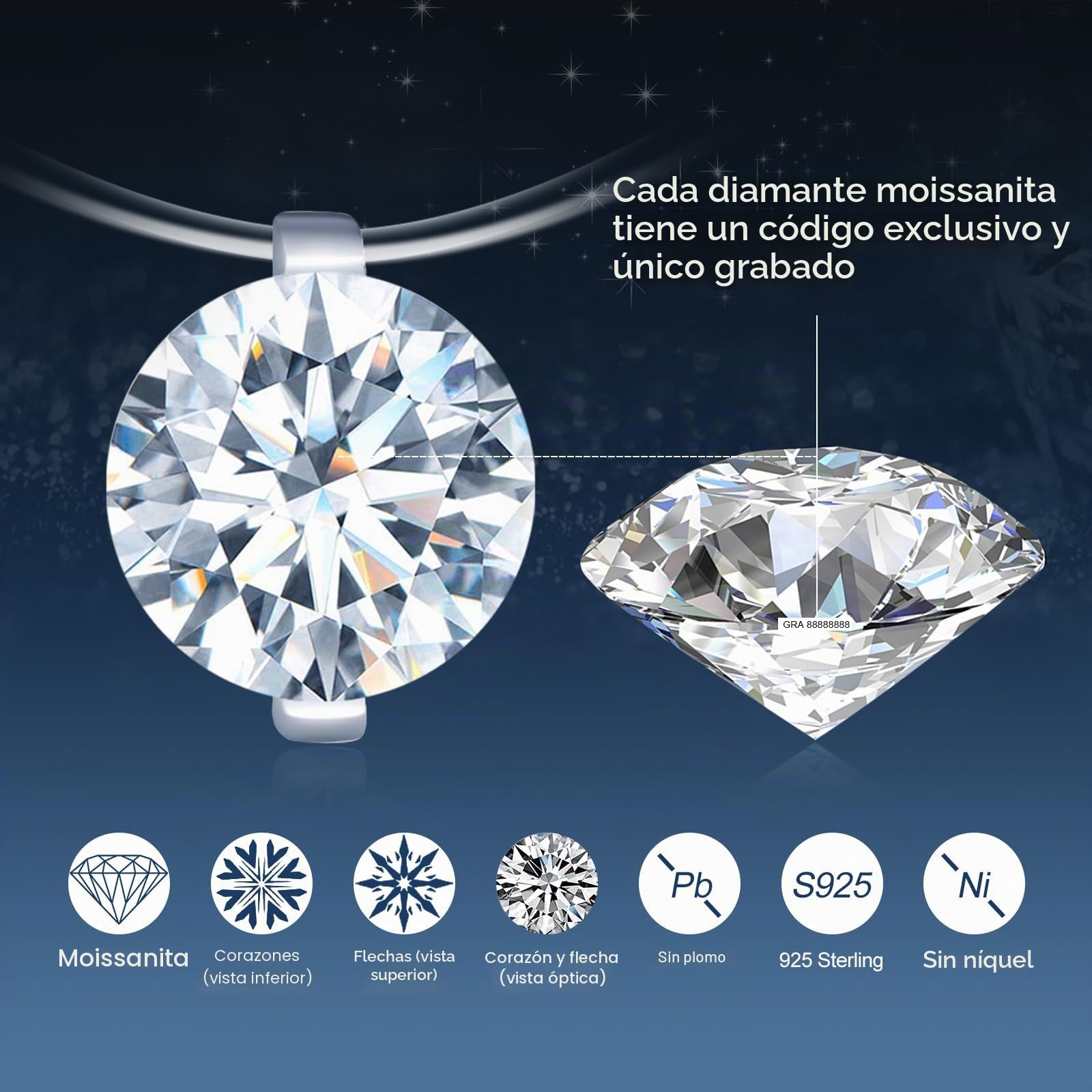 Collar de gargantilla de diamante para mujer: collare colgante de plata 925 con 2 quilates moissanita - 8mm diamante redondo de color D claridad VVS1 con certificado GRA - Joyas de boda