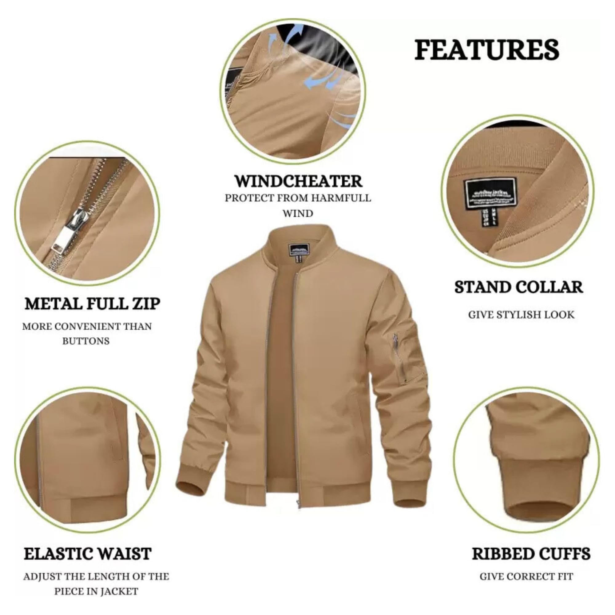 MIA FASHION Jacket for Men Winter Wear Full Sleeves Jacket | Zipper Lightweight Jacket | Casual Bomber Regular Fit (Khaki-2XL) 3