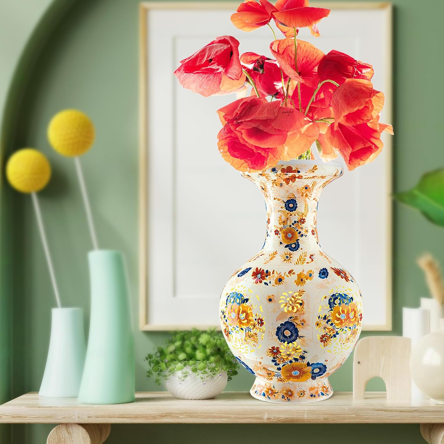 200PCS Puzzle Vase for Adults, 3D Vase Puzzles, for Flower Arrangement and Home Decoration (Yellow Flower)