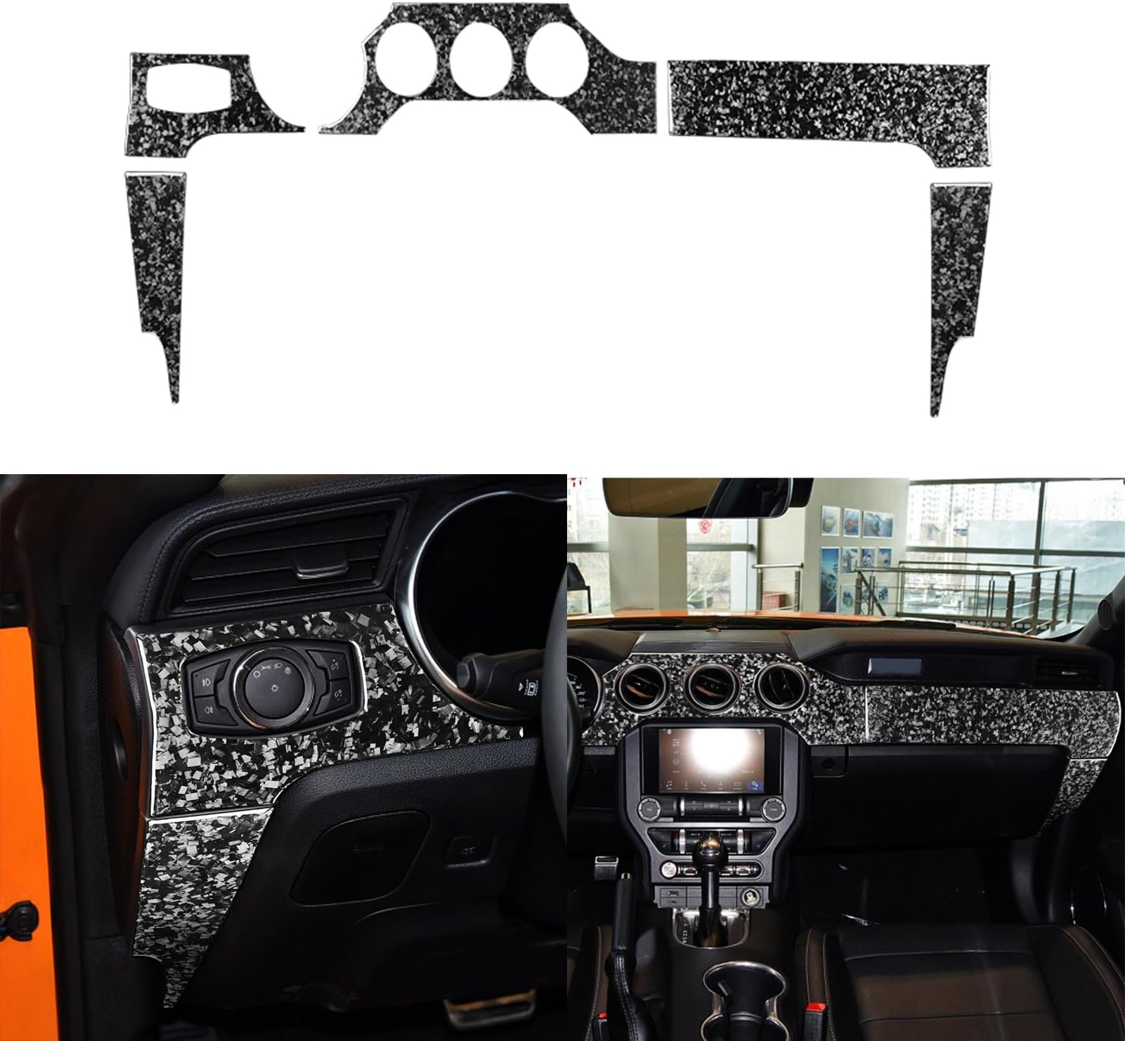 Car Dashboard Panel Cover Central A/C Vent Outer Frame Trim Sticker Glossy Black Forged Carbon Fiber Decoration Compatible with Ford Mustang 2015-2020 Auto Interior Accessories