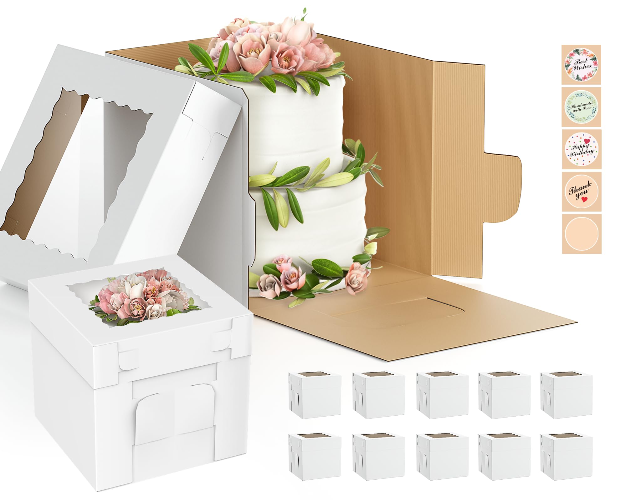 10 Inch Tall Cake Box Corrugated (10-Pack), White Cardboard Cake Boxes with Lid, Large Bakery Packaging, Sturdy Carrier for Secure Transport of Tiered Cakes, Birthday, Wedding, Party, Celebration