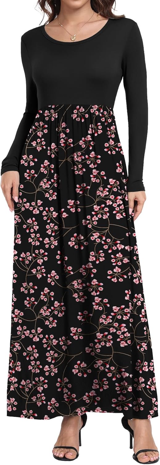 HAOMEILI Women's Casual Loose Long Dress Long Sleeve Floral Print Maxi Dresses with Pockets S Gypsophila Black - Image 2