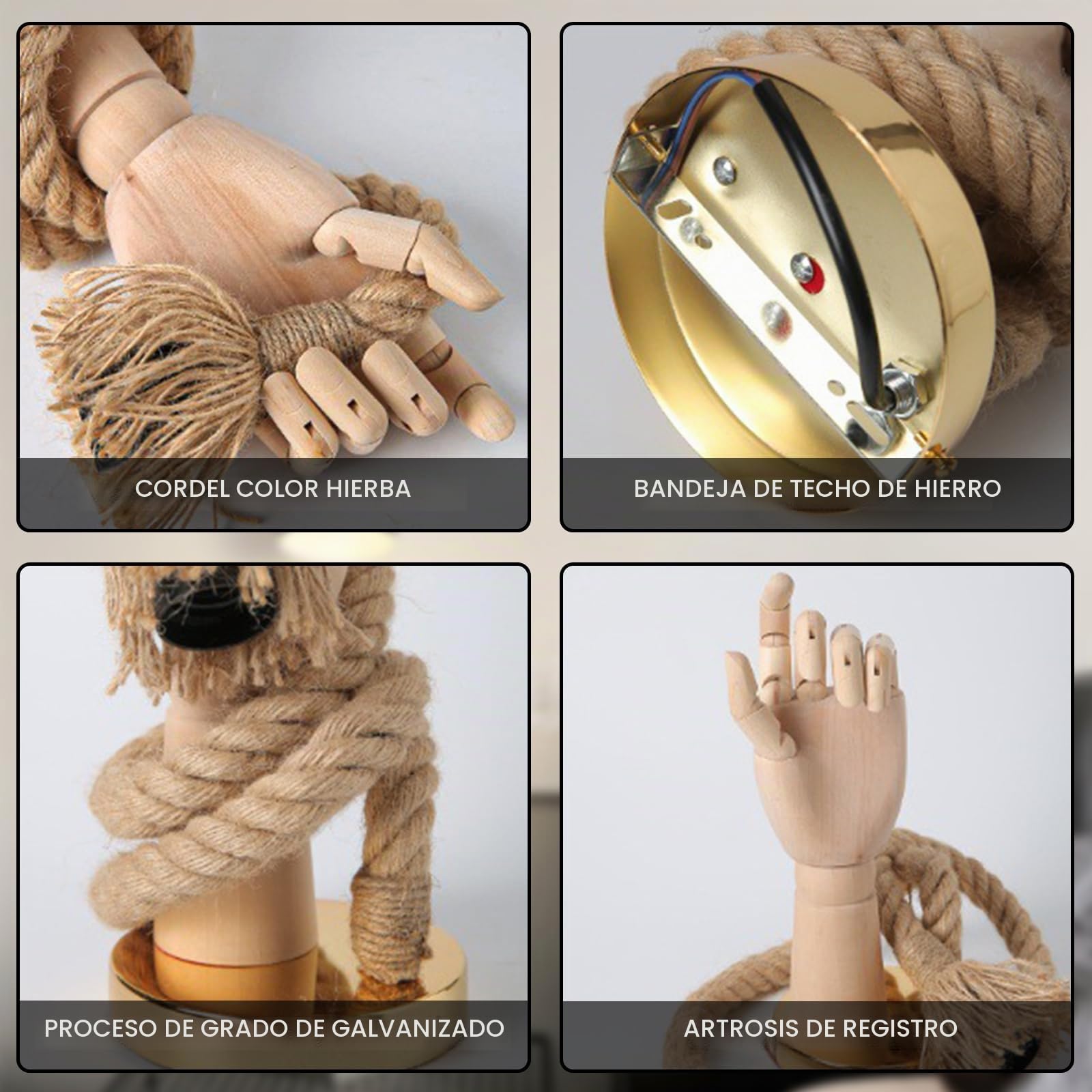 Aplique de Pared de Madera, Lámpara Iluminación en Forma de Mano, E27 Rústico Lampara de Pared Cuerda de Cáñamo para Dormitorio,Salón,Pasillo (Mano Izquierda)