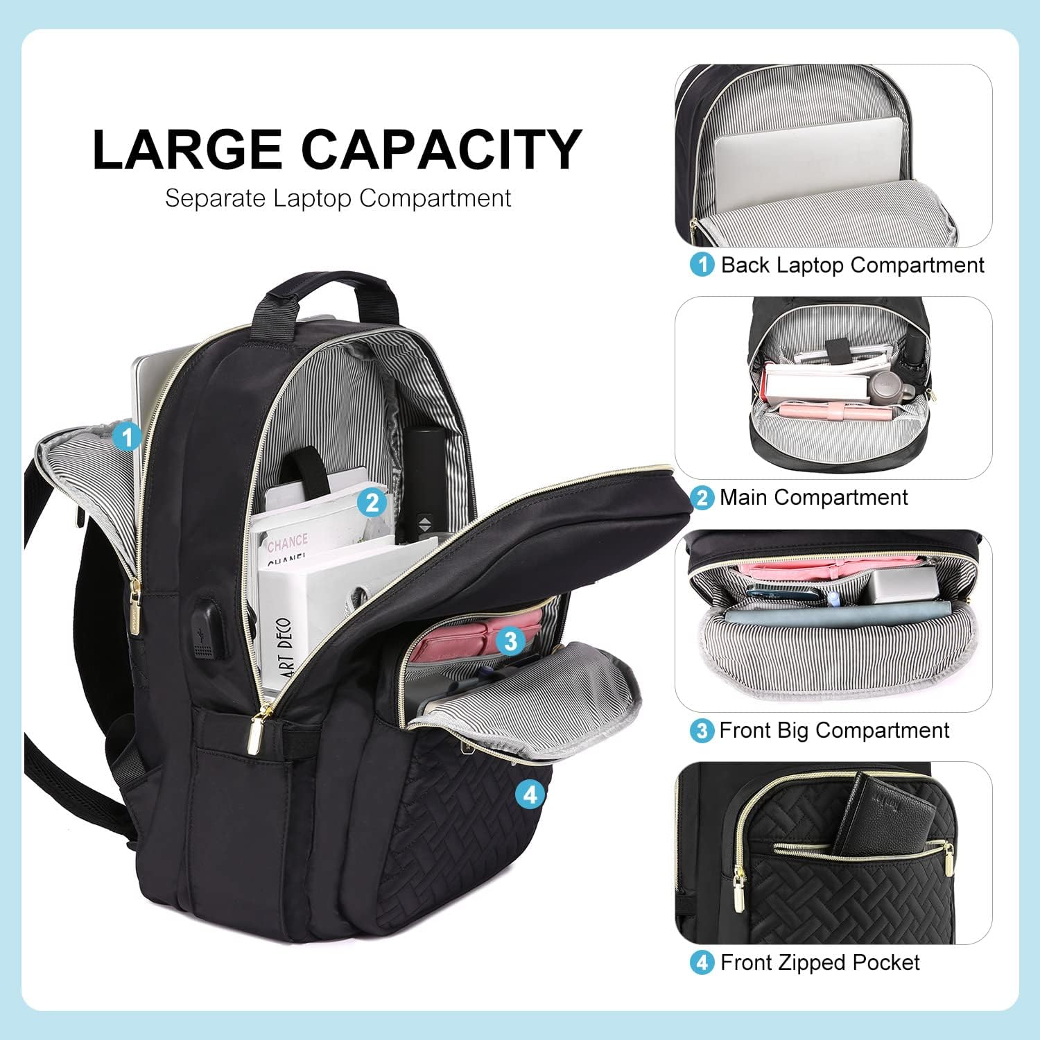 LOVEVOOK Laptop Backpack for Women, Stylish Quilted Backpacks Purse for Business Work Travel, Computer Bags Bag, with USB Port fits 15.6-inch Laptop, Black thumbnail