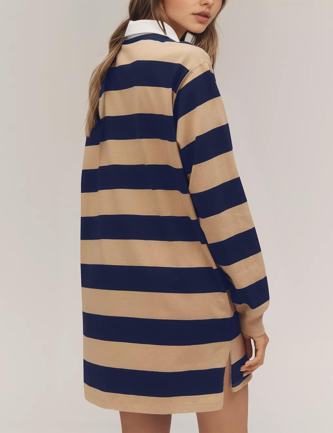 Women Striped Polo Sweatshirt Dress Long Sleeve Oversized Collared Pullover Button Front Casual Mini Dresses - Image 4