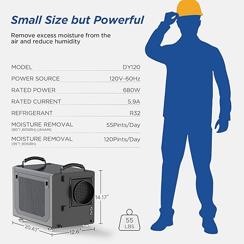 Miniatura 6 de Deshumidificador comercial Crawl Space de 120 pintas, deshumidificador comercial para sótano, toda la casa con manguera de drenaje,