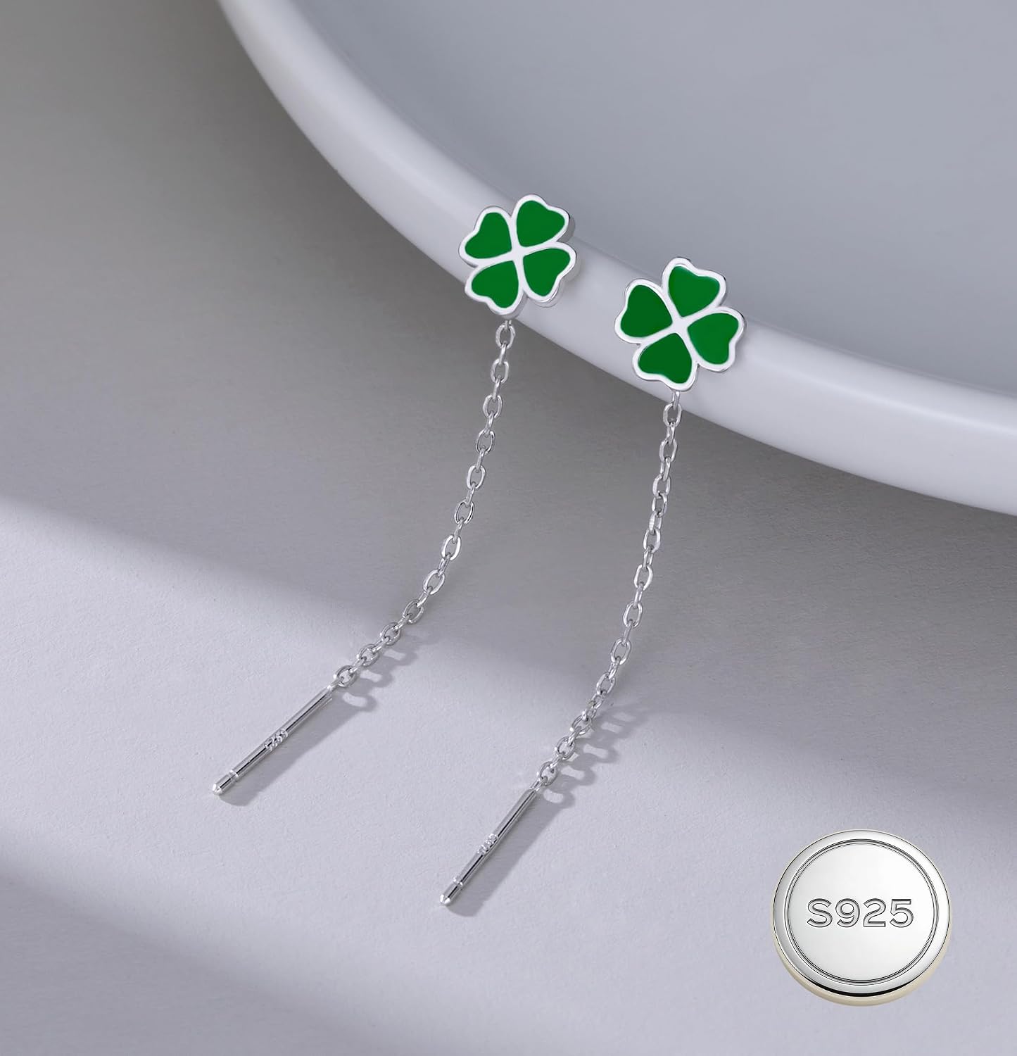 Reffeer Solid 925 Sterling Silver Leaf Clover Dangle Earrings Chain for Women Teen Girls Green Leaf Tassel Drop Earrings Threader