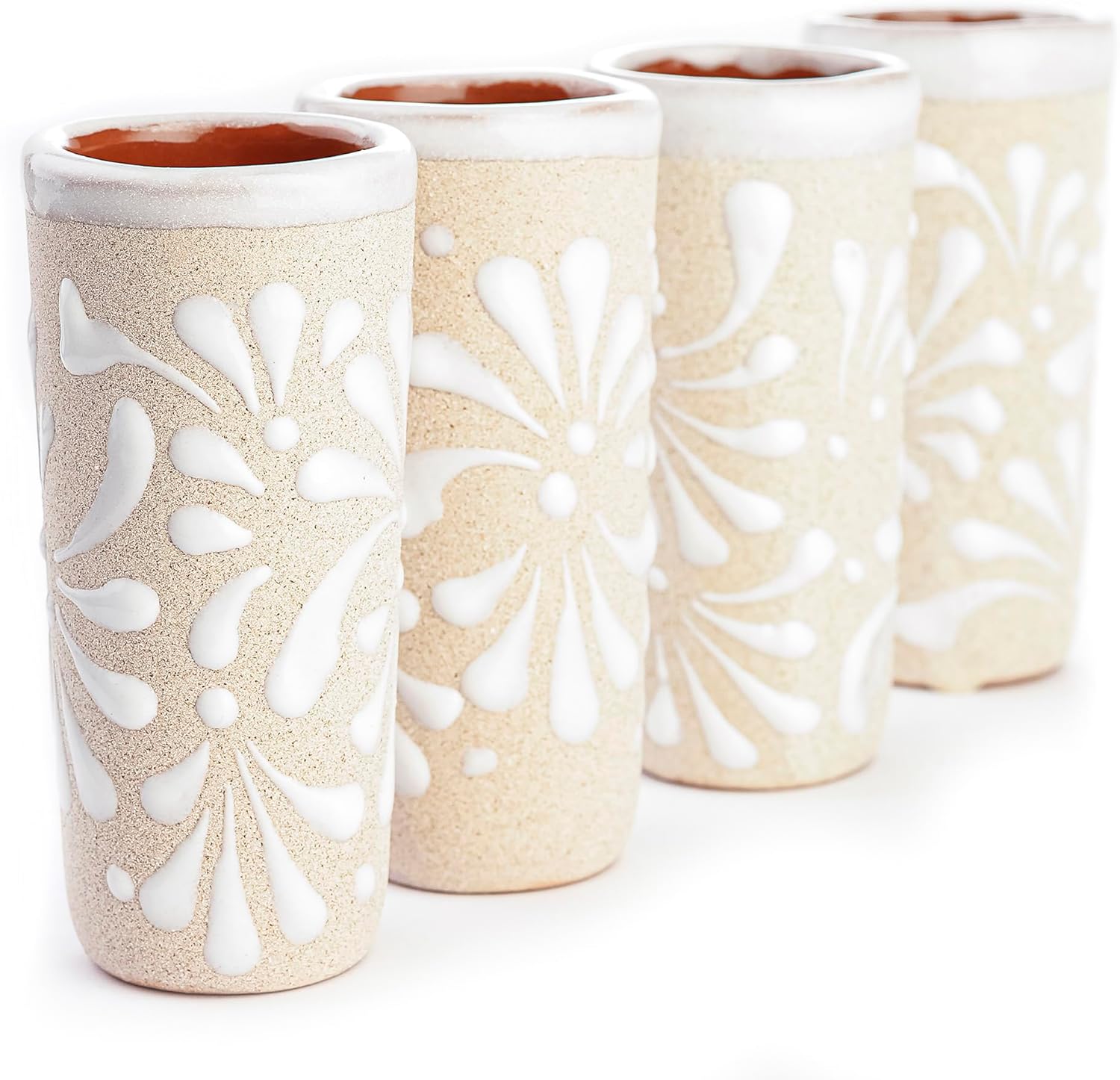 Handcrafted Ceramic Shot Glasses, White Floral Pattern, Terracotta Interior, Set of 4, Traditional Mexican Design (White Floral Pattern) - Image 7