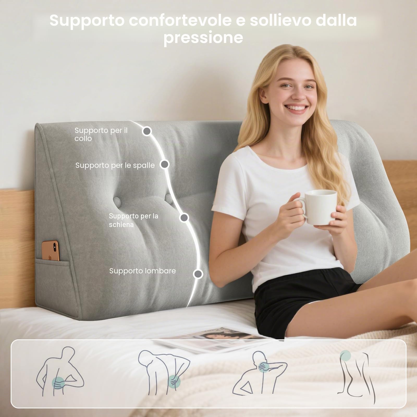 ShowyLive Cuscino Schienale Letto, Cuscino da Lettura per Letto Divano, Cuscino per la Schiena e la Testa con Tasca Laterale, Rivestimento Sfoderabile e Lavabile (100 * 50 * 20 cm, Grigio Chiaro)