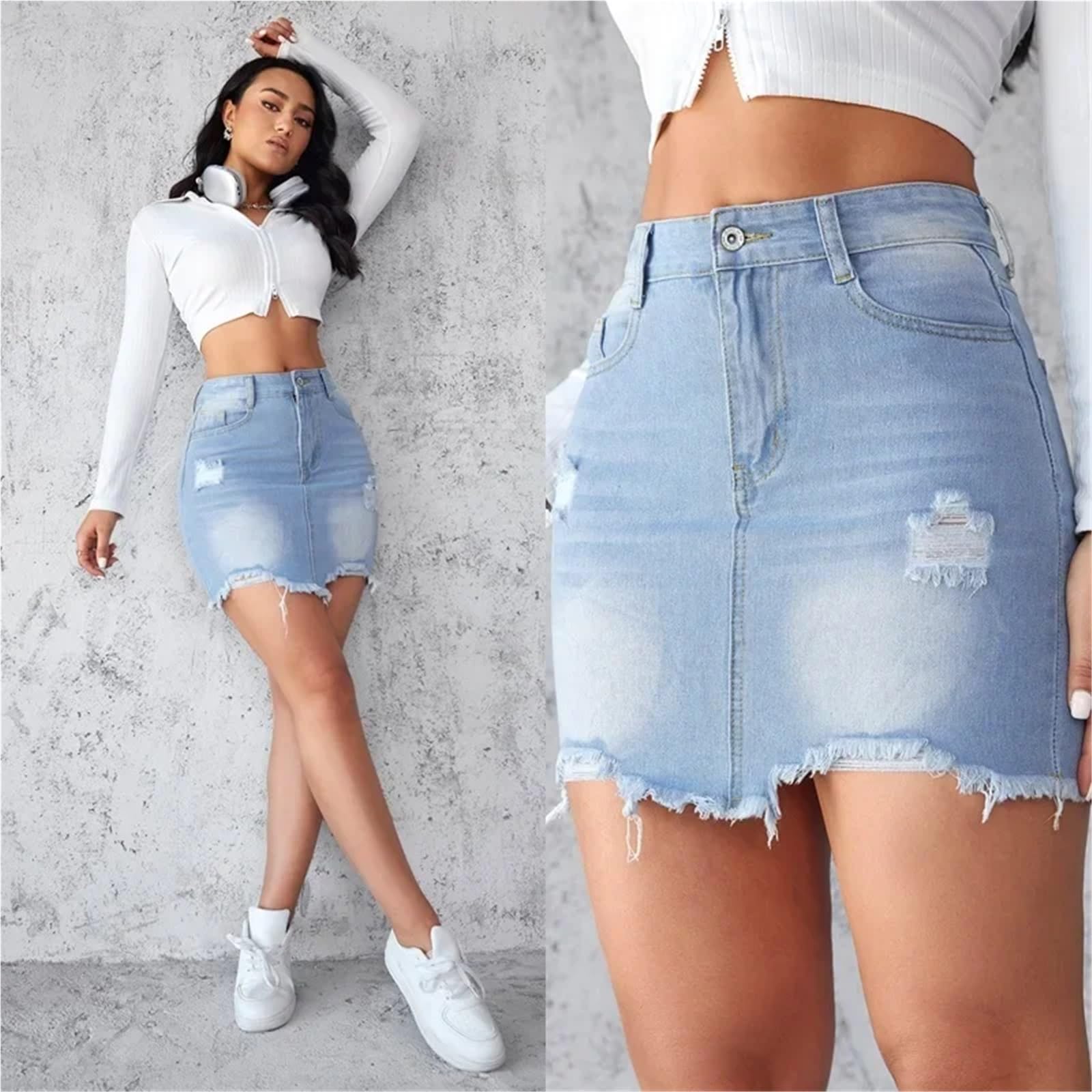 Gonna di jeans da donna corta a trapezio con bordi sexy in