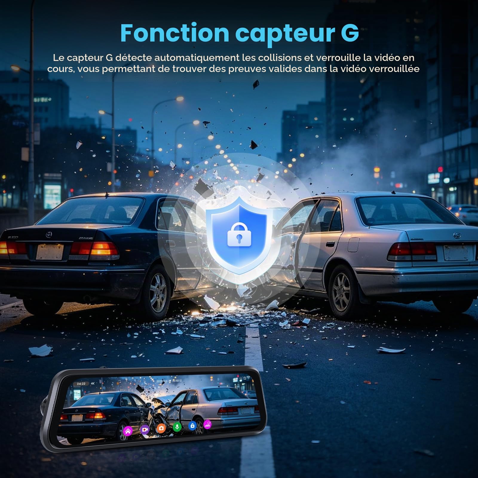 Inefala Dash Cam Rétroviseur 9,66 Écran Tactile 4K WiFi&APP GPS Carte 64 Go