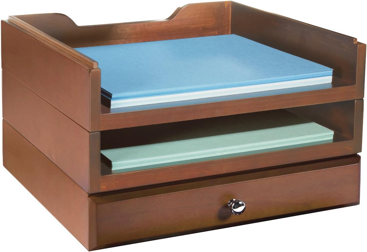 Bindertek Stacking Wood Desk Organizers with 2 Trays & 1 Drawer Kit, Cherry (WK5-CH)