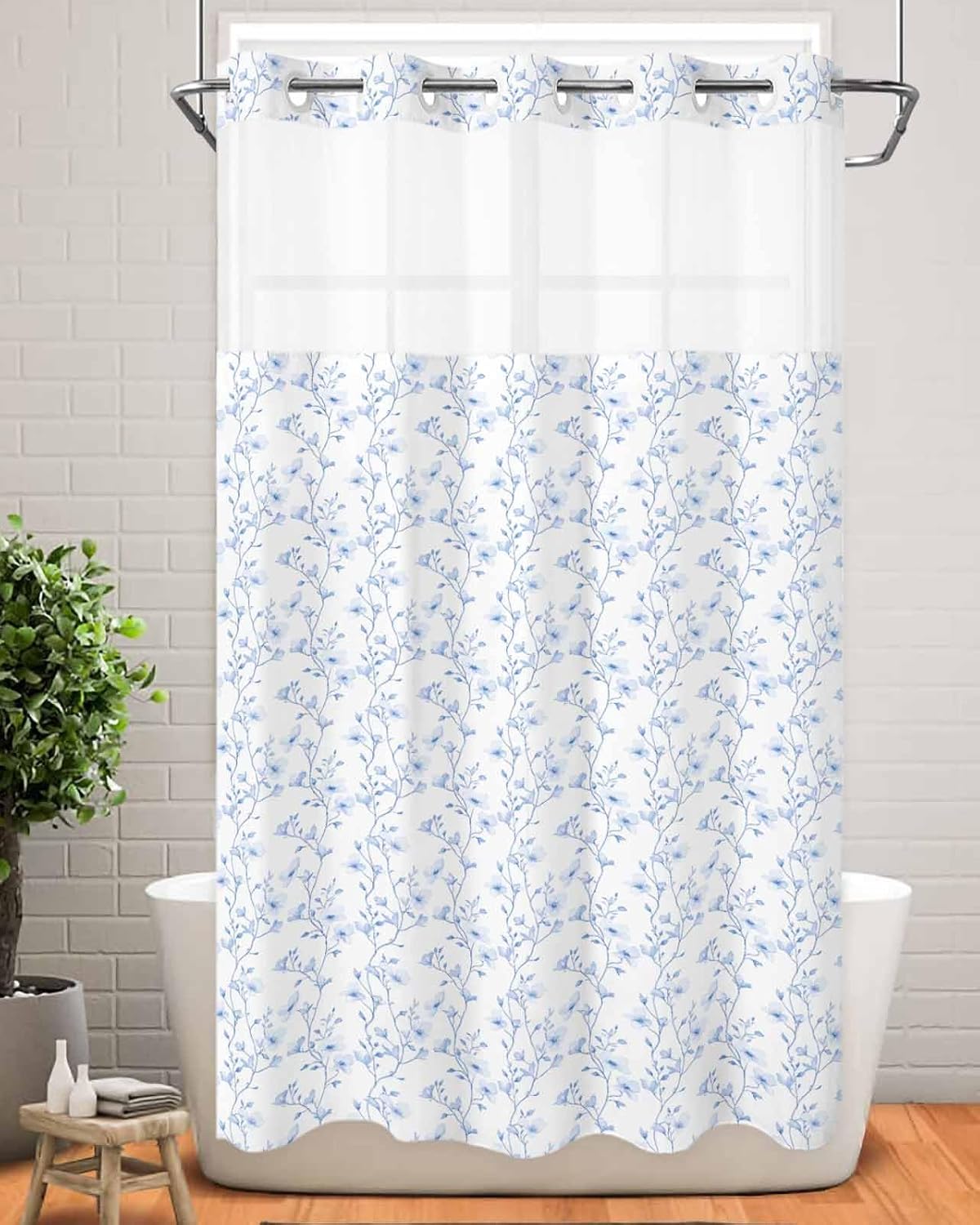 SEVENBABU Blue Floral No Hook Shower Curtain with Snap in Liner Waterproof Fabric Shower Curtain Set for Bathroom Farmhouse Flowers Leaves Plants Shower Curtain with See Through Top Window 36"x78"
