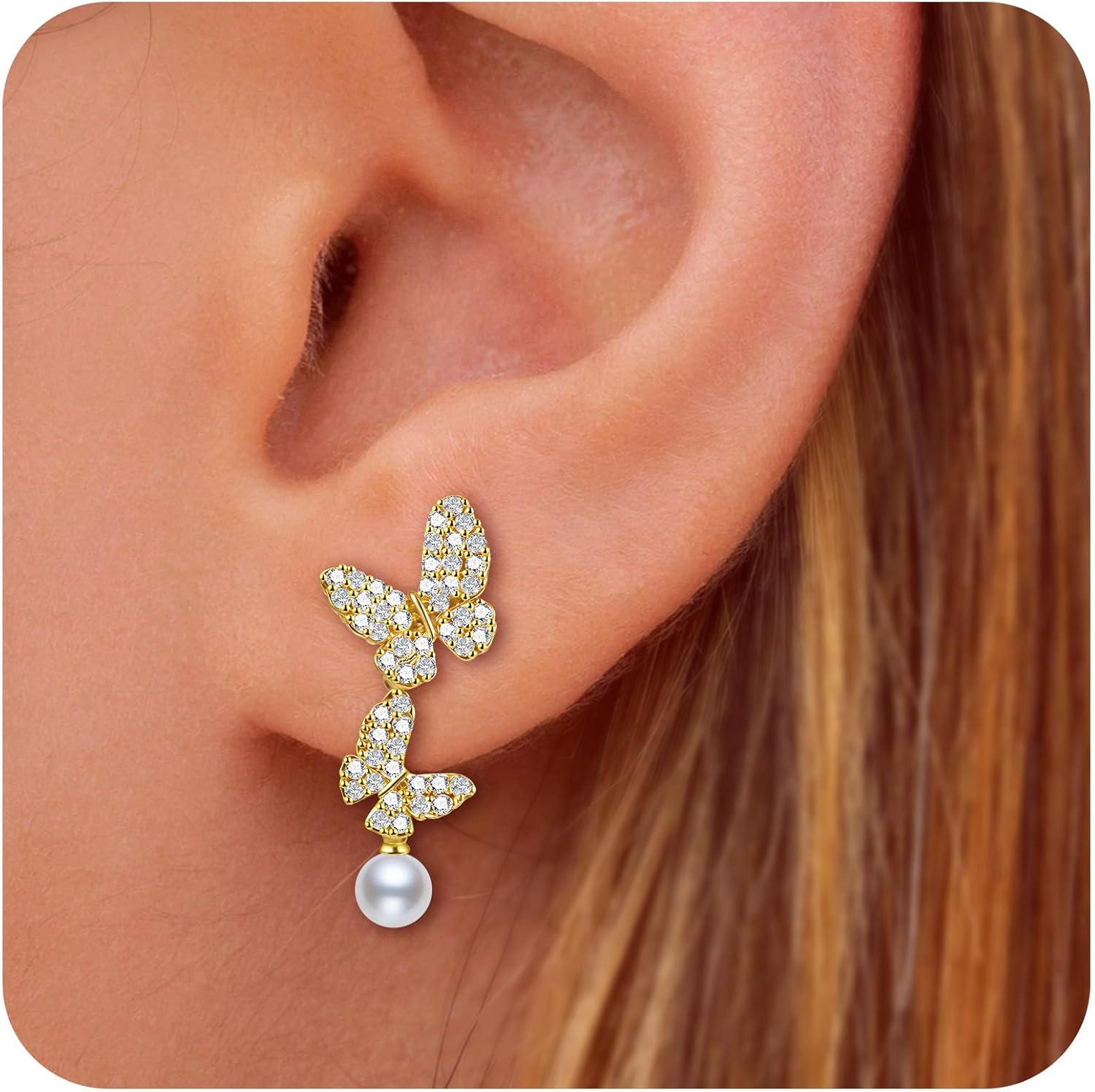 14K Gold Plated Butterfly Stud Earrings - Comfortable Lightweight Design with Secure Butterfly Backs, Cubic Zirconia Bow Posts Jewelry Gifts for Women - Image 2