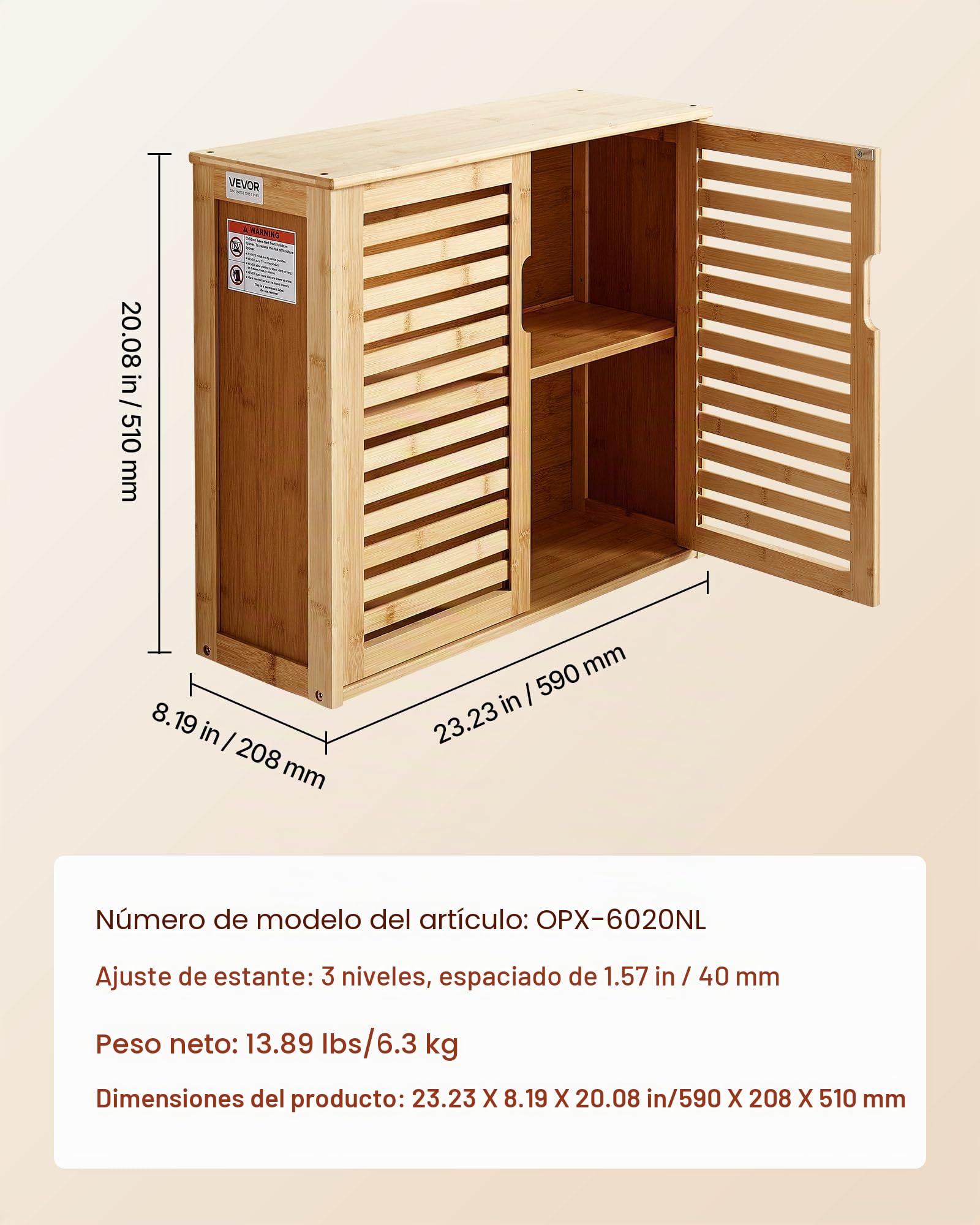 VEVOR Armario de Pared para Baño con 2 Puertas y Estantes de Altura Ajustable, Ideal para Colgar sobre el Inodoro, Cocina, Baño o Lavadero, Resistente a la Presión y al Agua, 590 x 208 x 510 mm