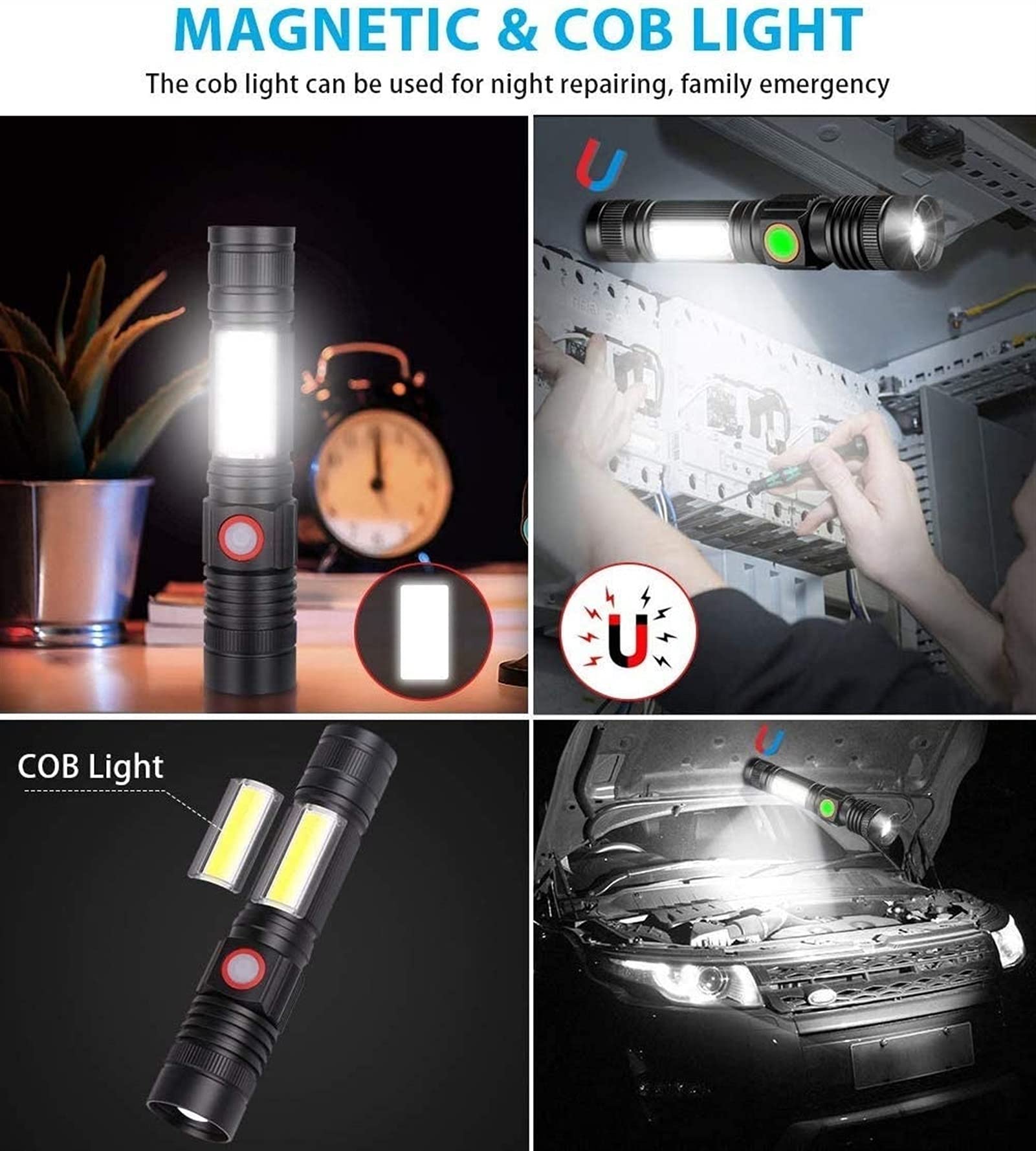 Linterna Recargable por USB, Linterna LED magnética, Linterna táctica LED superbrillante con luz Lateral COB, Impermeable, con Zoom, la Mejor Linterna for Acampar y emergencias.