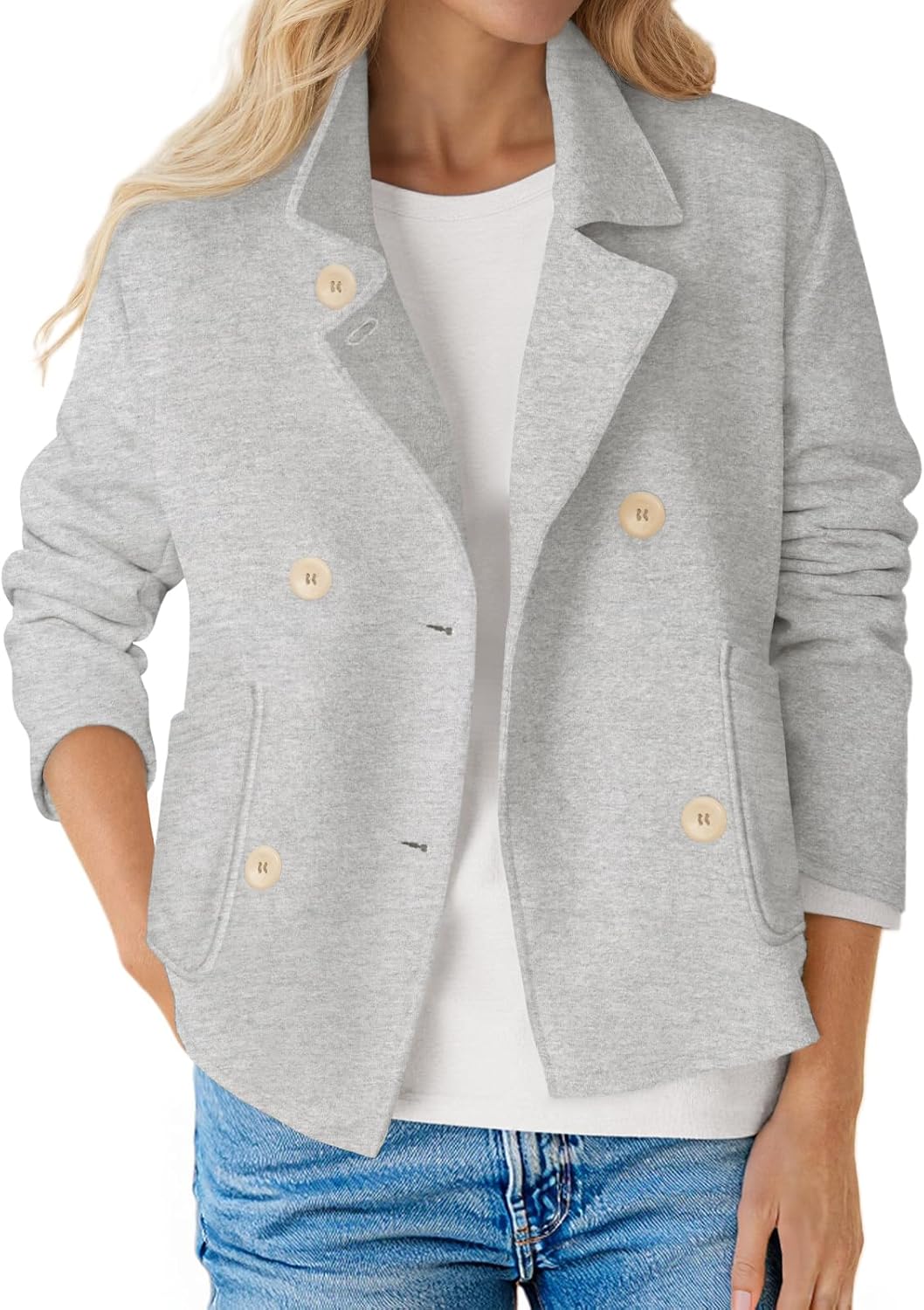 Fisoew Womens Cropped Blazers Business Casual Loose Fit Suits Double Breasted Open Front Cotton Blazer Jacket