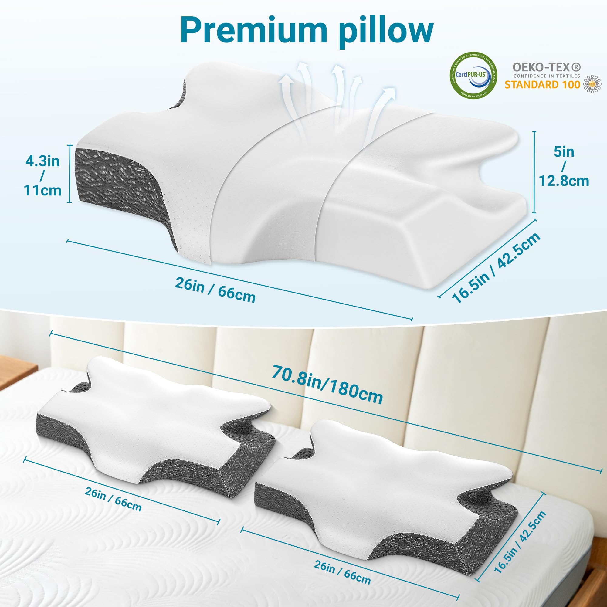 Elviros Cuscino Cervicale per Dormire, Cuscino Cervicale Memory Foam, Cuscino Ergonomico per Adulti, Cuscino Ortopedico per Chi Dorme sul Fianco, sulla Schiena e sulla Pancia, Federa Traspirante Cool