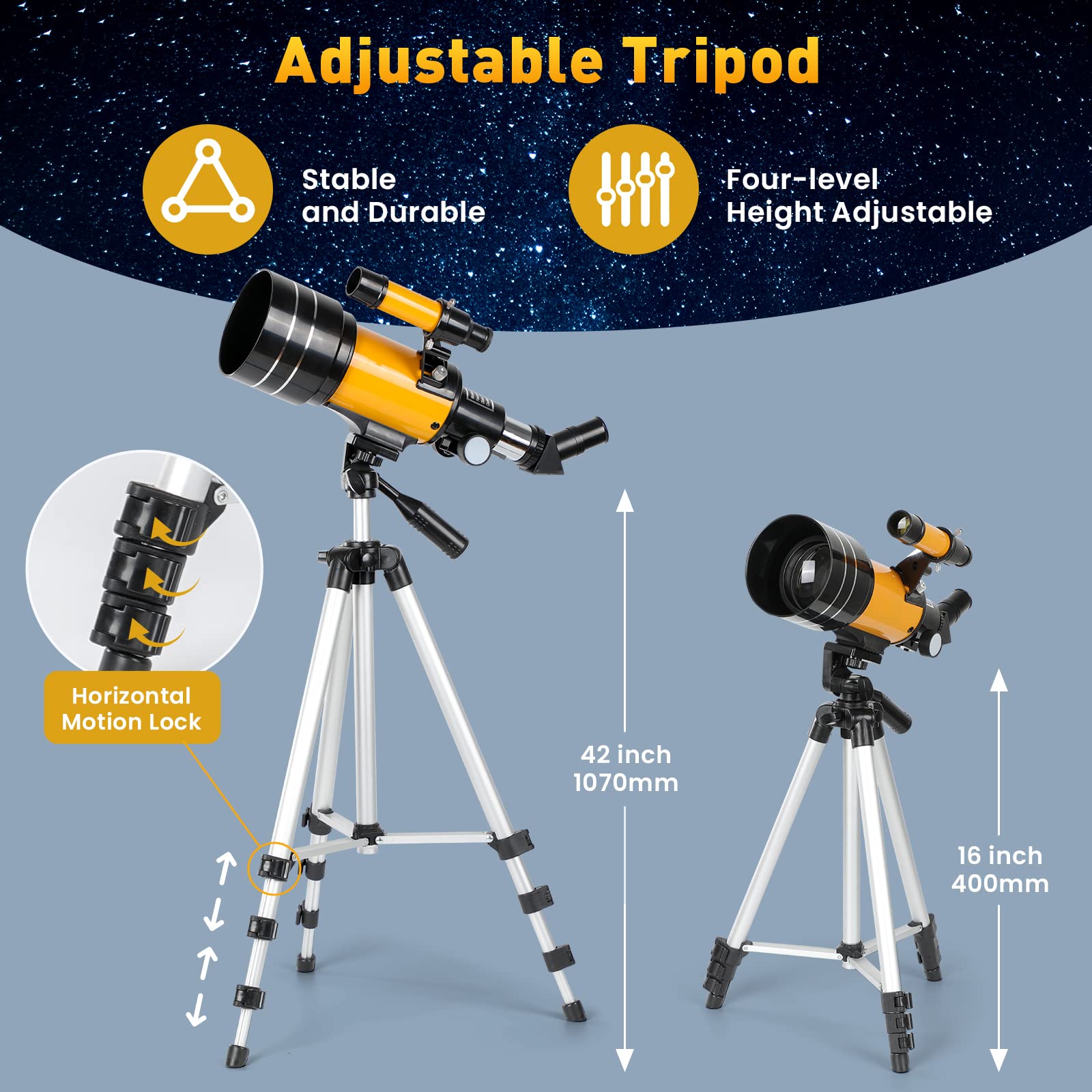 Télescope Astronomique, 70/300mm Lunette Astronomique Réfracteur avec Adaptateur de Téléphone Trépied Ajustable et Chercheur pour Débutants, Enfants et Amateurs pour Observer la Lune