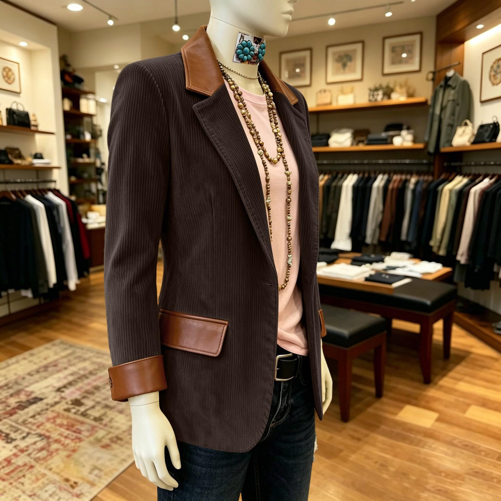 Blazer Damen Elegant Cord Anzugjacke Business Revers Cordjacke Longblazer