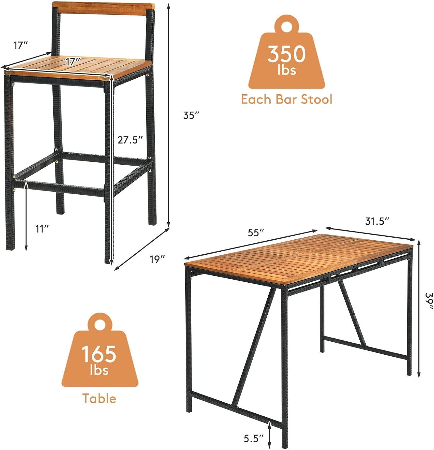 7PCS Patio Rattan Bar Set Acacia Wood Frame Stools Table Umbrella Hole Outdoor Bar Set