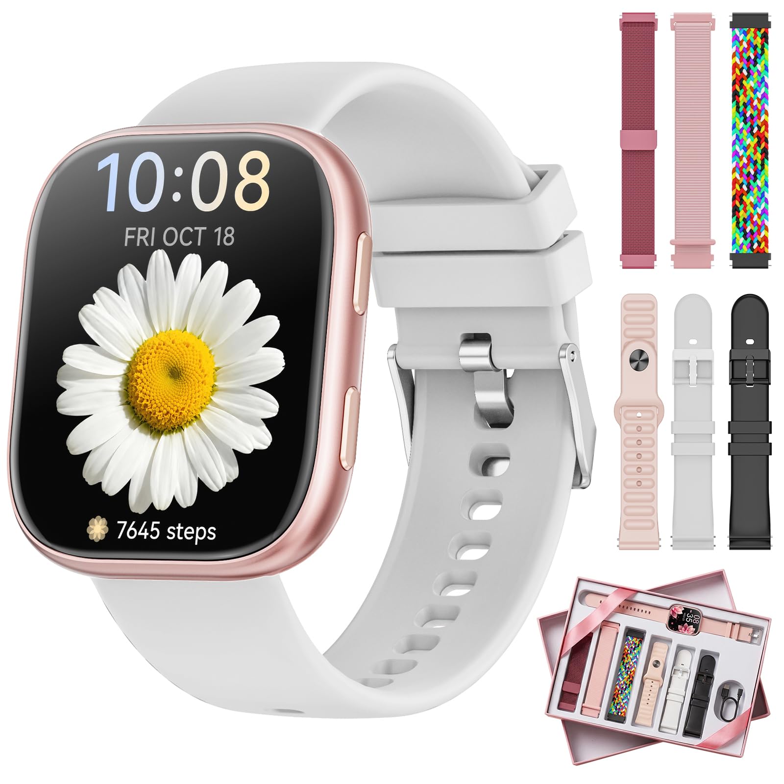 7 Armbänder & Geschenkbox Smartwatch Damen Herren, 1.83" HD Uhr damen mit Bluetooth-Anruf, Fitness Tracker, Pulsmesser, Schlafmonitor, Schrittzähler, IP68 Wasserdicht, 110+ Sportmodi für iOS Android