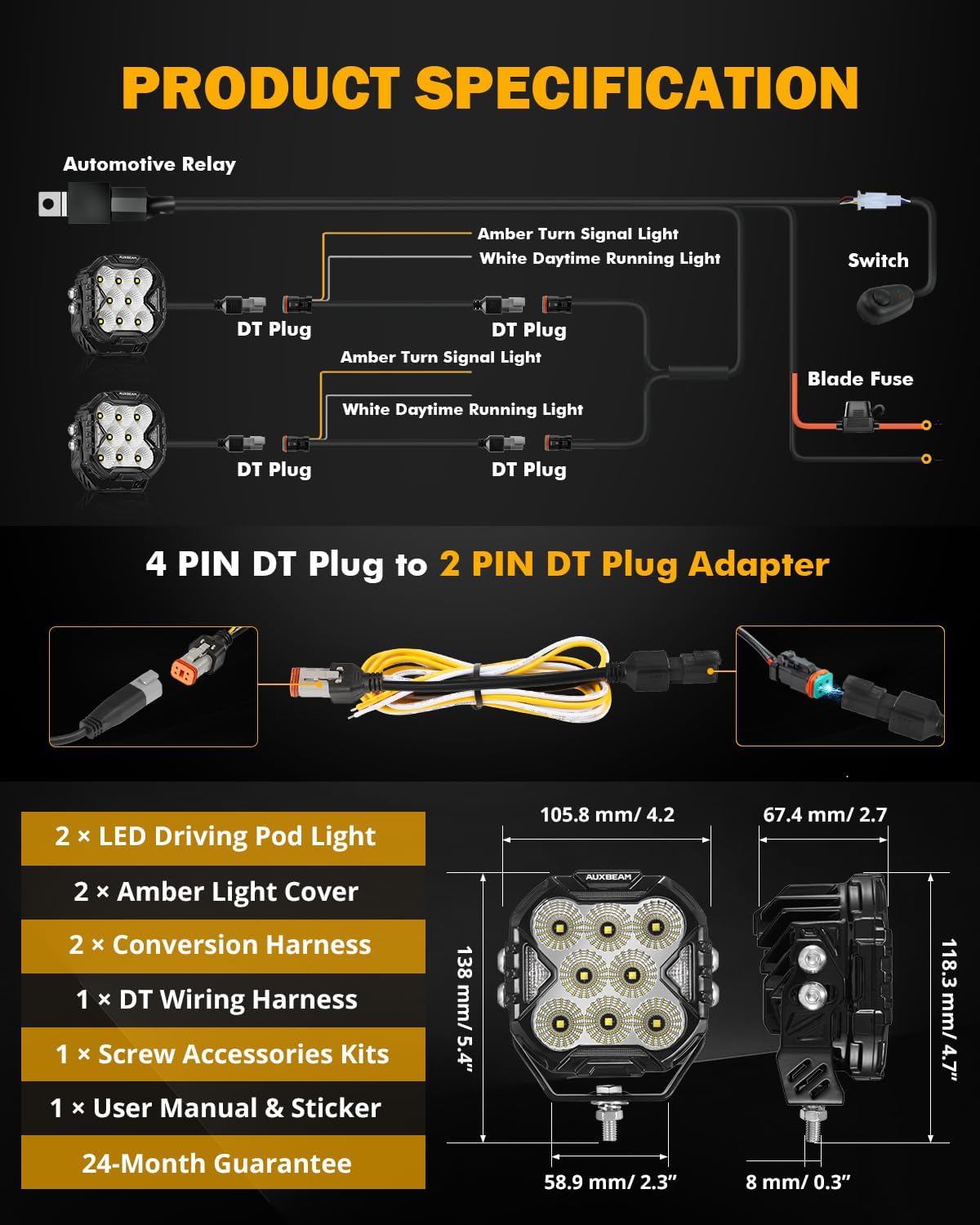 Auxbeam Cube-Z Series LED Cube Pod Lights, 4 Inch 112W Flood Driving Light with White DRL&Amber Turn Signal Light, 12800LM Hyper Bright Offroad Ditch Pods with Amber Cover for Truck SUV ATV UTV, Pair
