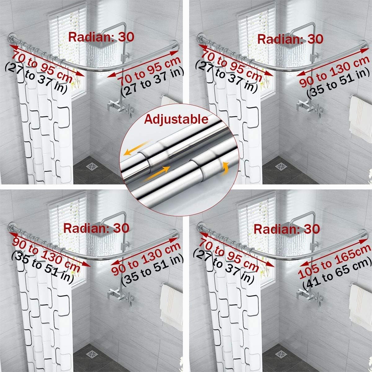 Extendable Shower Curtain Tension Rod, Telescopic Curved Shower Rail, Stainless Steel Rustproof Shower Curtain Rails for Bath, Dressing Room, with Shower Curtain and Hooks 70 to 95 cm × 90 to 130 cm