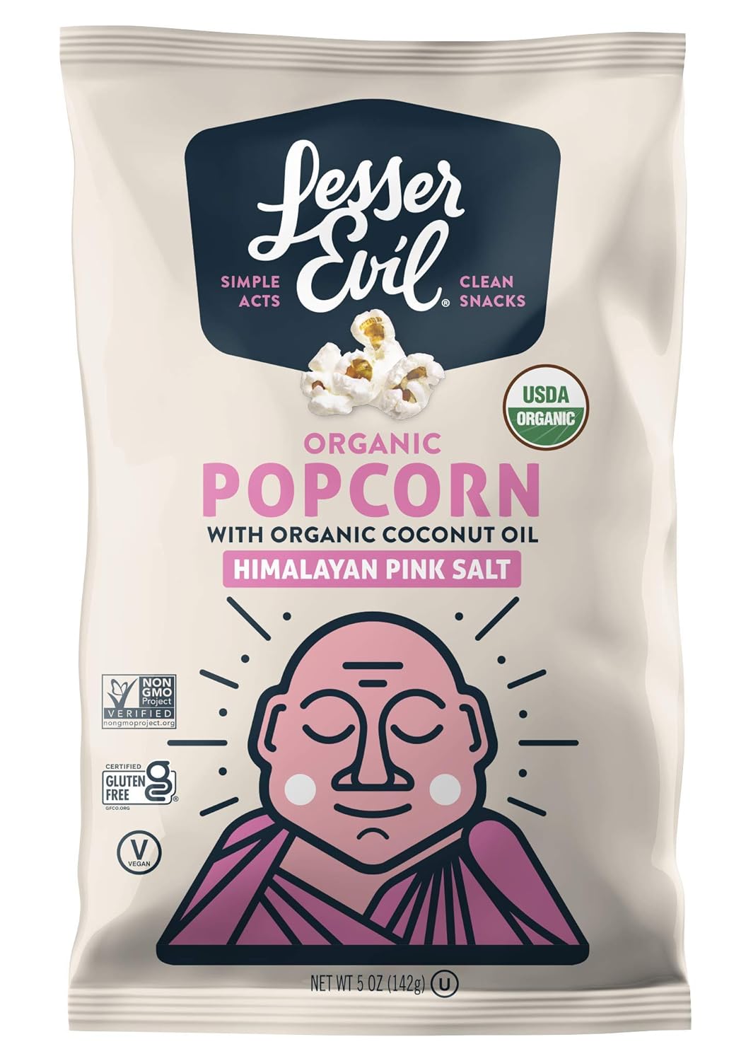 LesserEvil Himalayan Pink Salt Organic Popcorn, No Artificial Ingredients, Coconut Oil, Pack of 5, 5 oz Bags