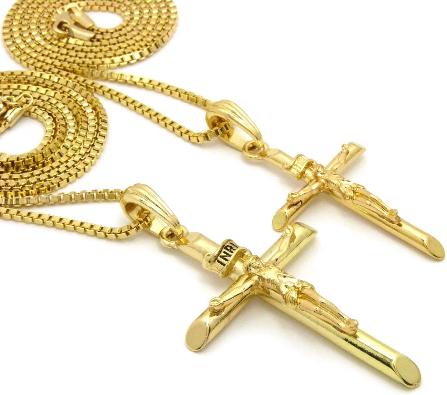 Fashion 21 Polished INRI Crucifix Jesus Cross Pendant 2mm 18", 20", 24", 30" Box Chain 2 Necklace Set in Gold Tone