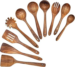 Wooden Spoons for Cooking,10 Pcs Natural Teak Wooden Kitchen Utensils Se...
