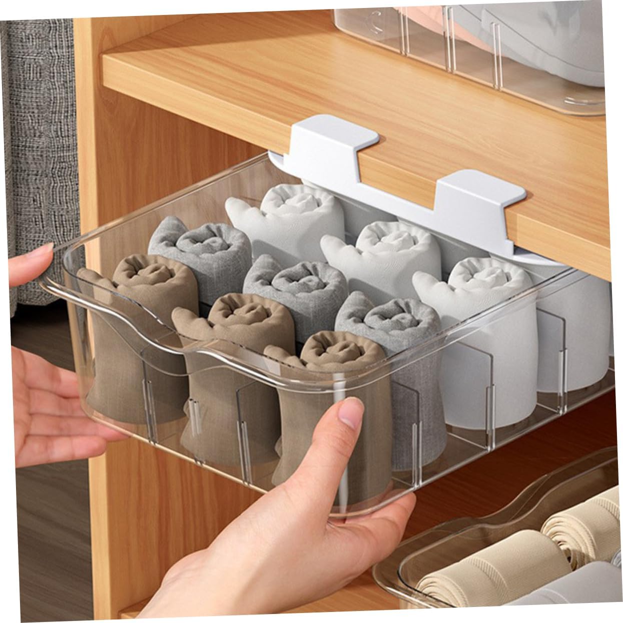 Transparent Drawer Underwear Storage Box Adhesive Sock and Panties Organizer for Closet Space Saving Pet Material Drawer Type Holder Easy Installation with Removable Compartments