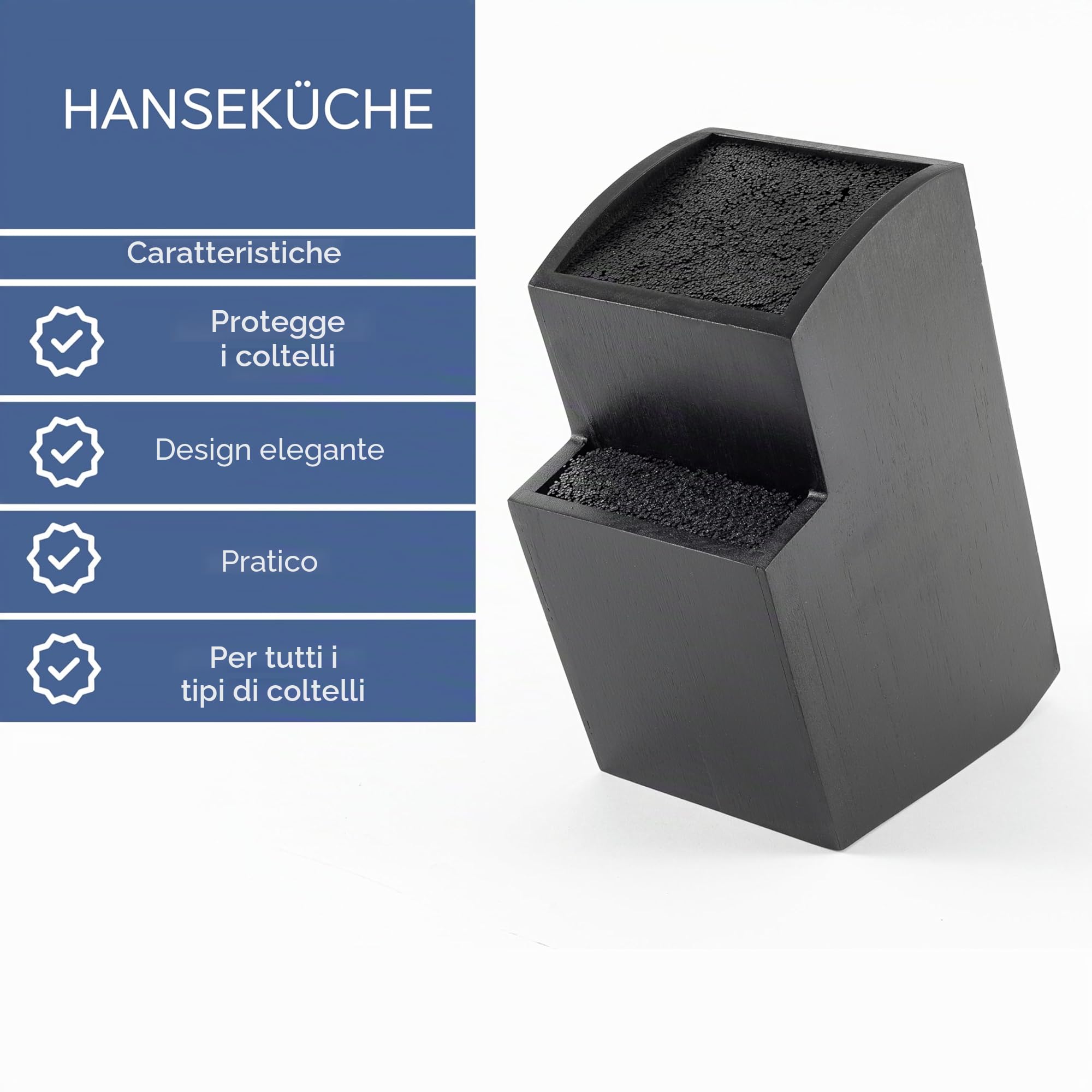 Hanseküche Ceppo portacoltelli - Portacoltelli senza coltelli in legno Tagliere (Bambù Nero, Quadrato Obliquo)