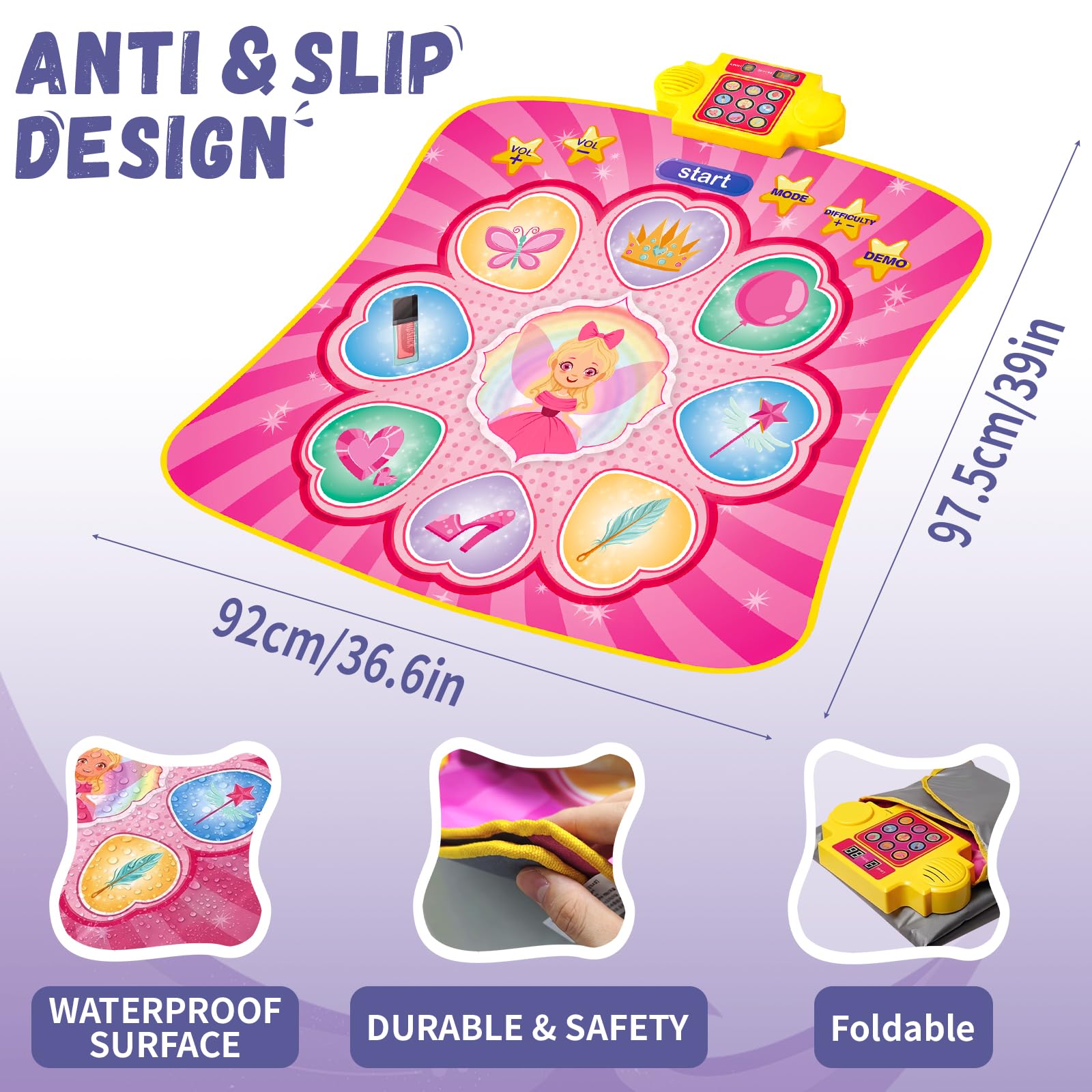 YESHIN Tapis de Danse Enfant 9 Touches avec Musique et Lumières LED, 3 Modes de Jeu, 8 Chansons & 7 Volumes, Grandes Touches Sensibles, Jeu Musical Interactif Cadeau Fille 3–12 Ans (Rose)