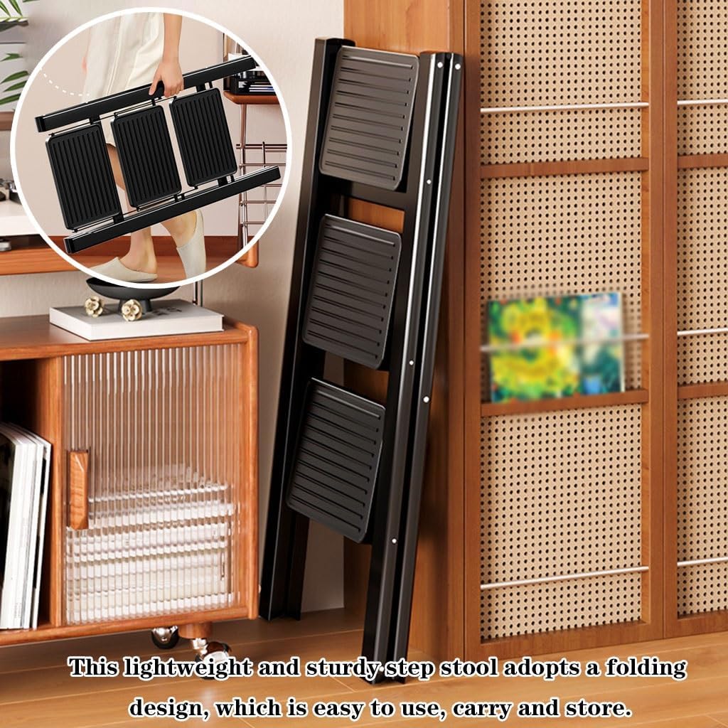 Multi-Purpose Folding Step Ladder Chair - Sturdy Carbon Steel Frame, 2/3 Layer Storage Rack & Flower Stand, No Assembly Required, Perfect for Bedroom & Library Use (Black, 68x61x68