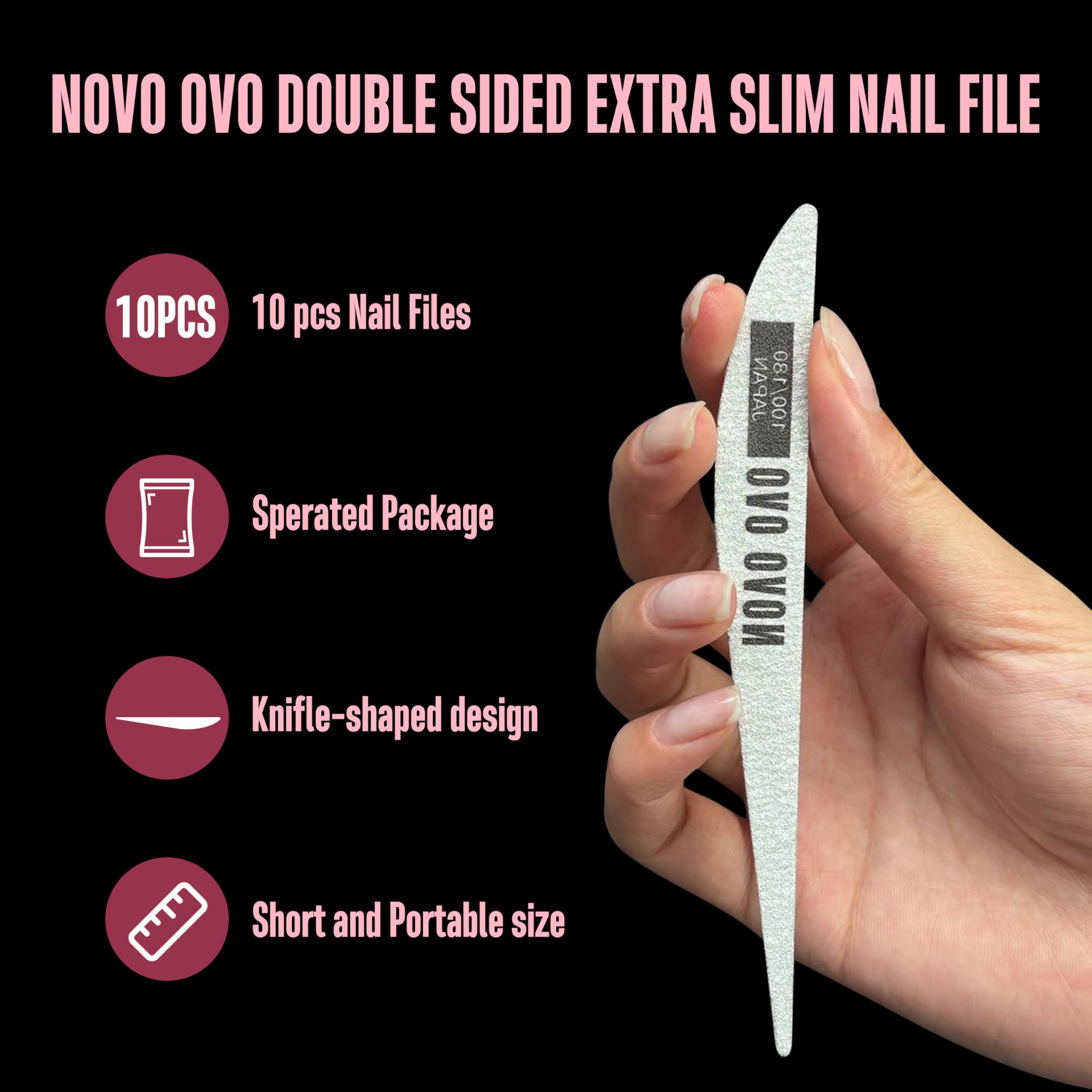 NOVO OVO Thin Nail File 10 PCS Professional Double Sided Extra Slim,Reusable,Emery Board(100/180 Grit) Nail Styling Tools for Home and Salon,Manicure Pedicure Tool and Nail Buffering Files - Image 2