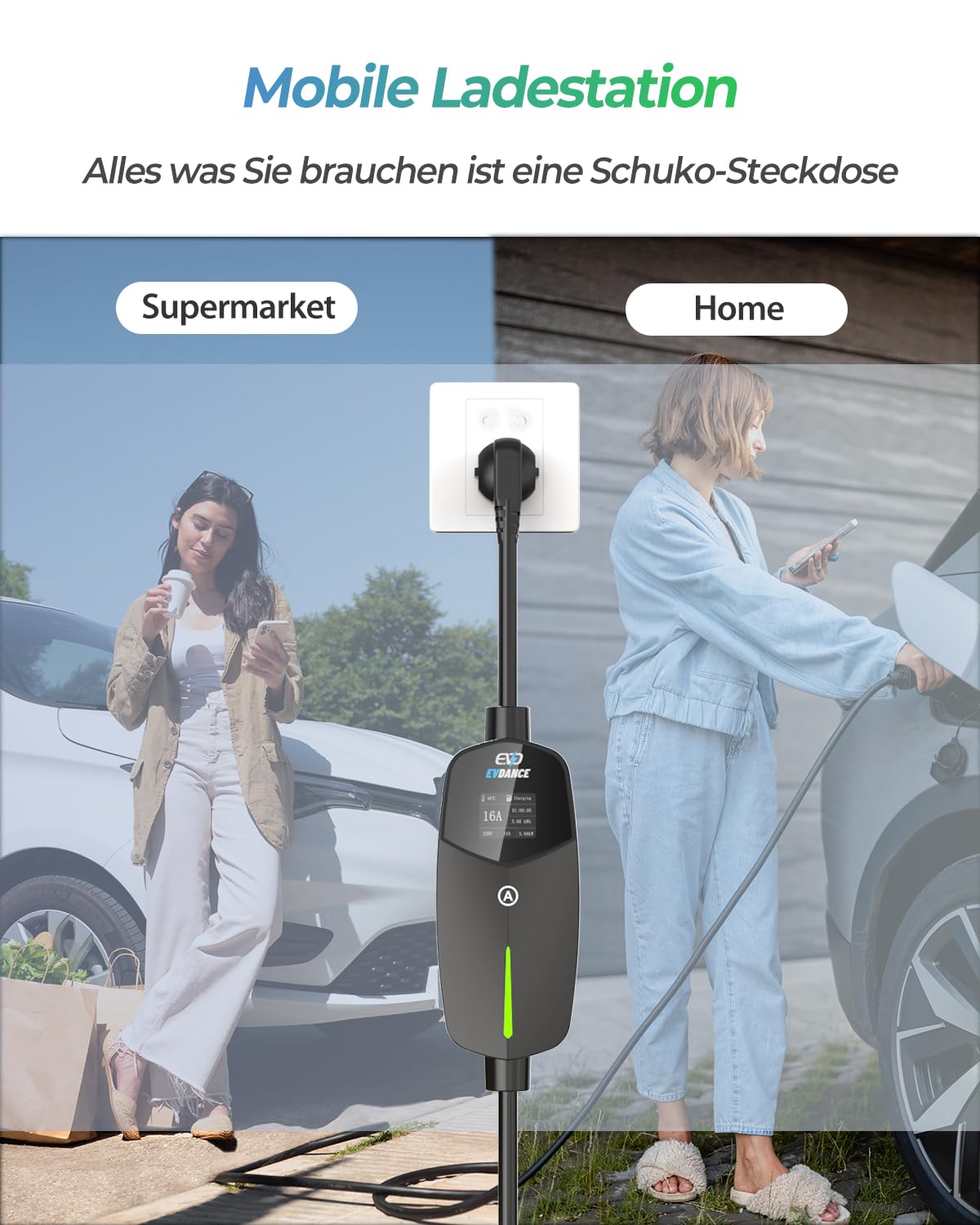 EVDANCE Typ 2 Ladekabel Schuko für Elektroauto 3,68kW[1-phasig, 6.1m, 6-16A] Ladekabel Elektroauto Typ 2 Schuko für Elektroauto & Hybrid(PHEV/EV) - Schwarz