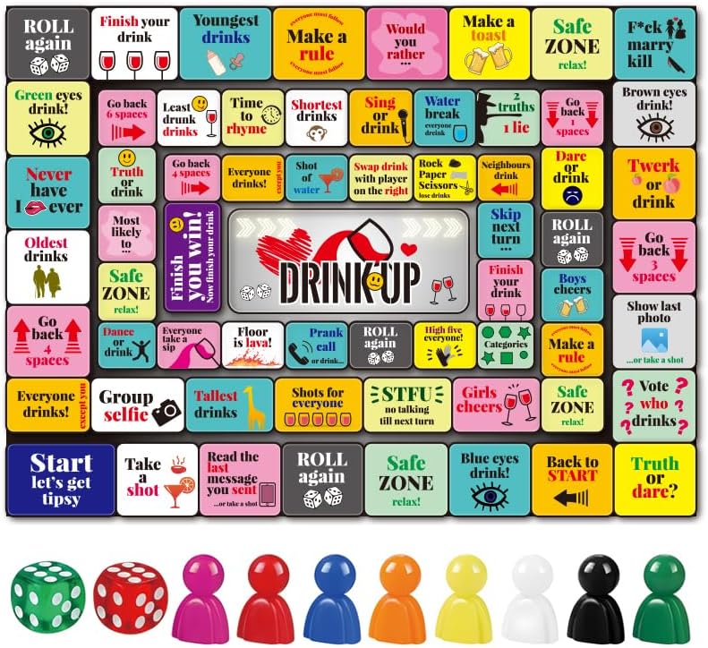 Tipsy Land Drinking Board Games for Adults, Rubber Mat Drinking Board Game, Birthday Party, Family Play or Any Occasion, Age 21+, 2-8 Players (Yellow)