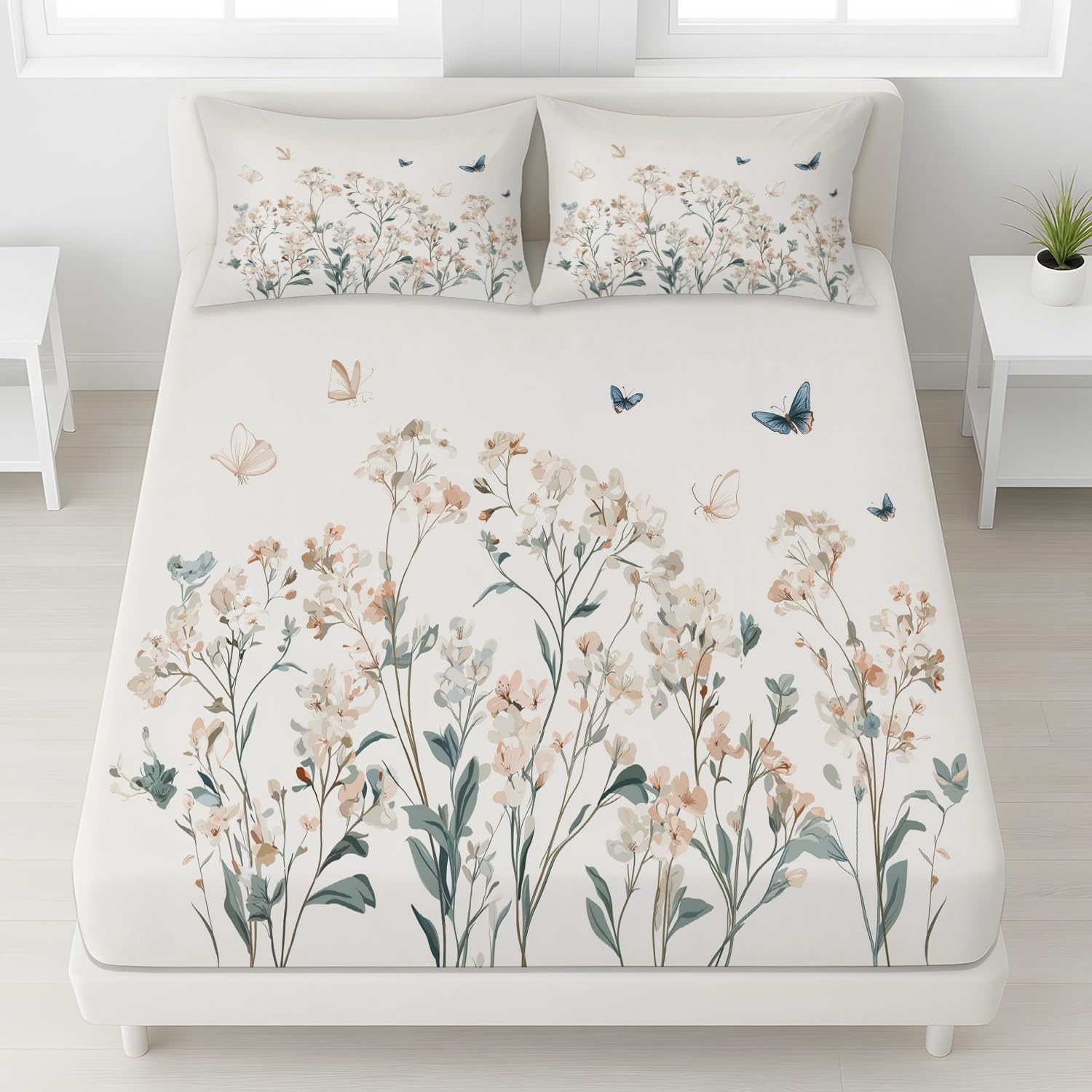 Minimalistisch Blumen Spannbetttuch 140 x 200 x 30 cm 3teilig 2 Kissenbezüge 80 x 80 cm Elegant Blumenmuster Schmetterling Spannbettlaken Set für Kinder Jugendliche Erwachsene Mikrofaser Bettwäsche