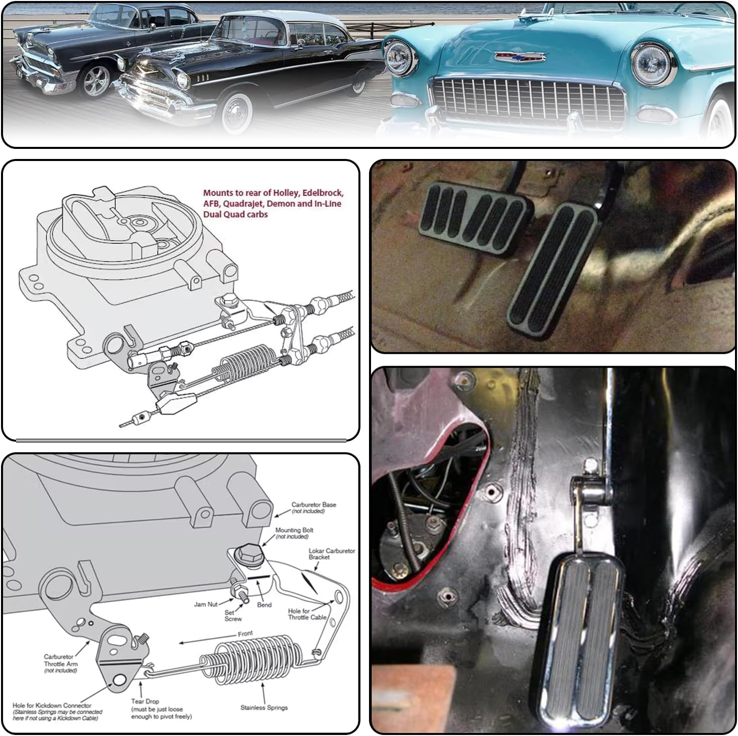 Universal Aluminum Gas Pedal and 36" Stainless Steel Throttle Cable Bracket Spring Kit Hot Rod for Chevy Ford Black