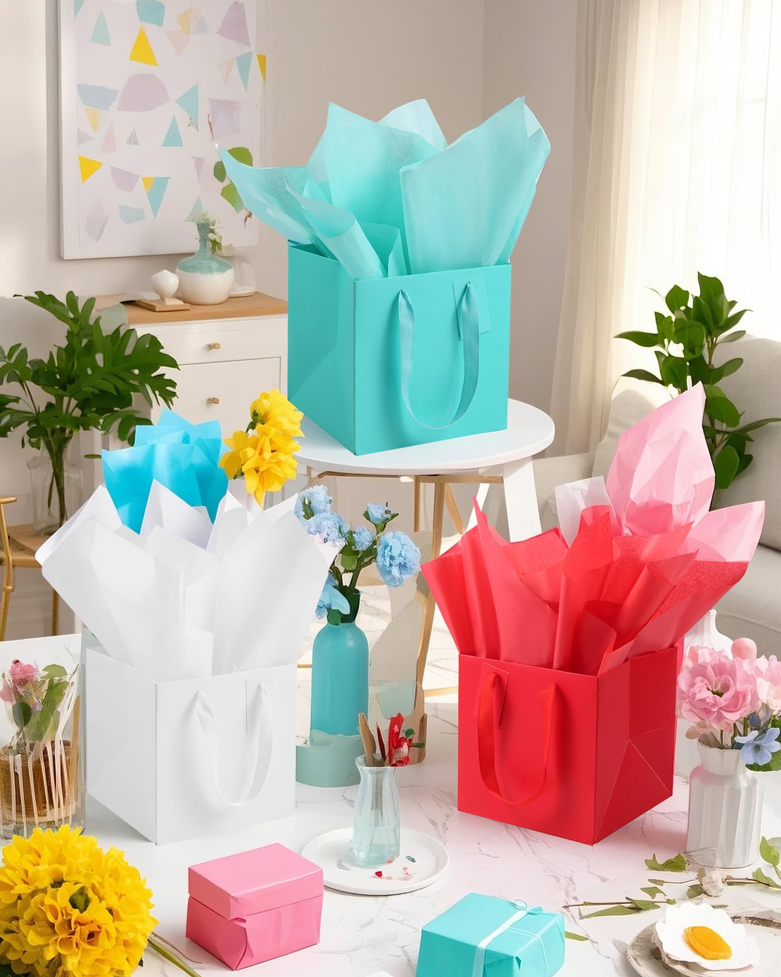 IN-JOOYAA 10 sacchetti regalo quadrati bianchi con carta velina, grandi sacchetti regalo con manici, per regali (30,5 x 30,5 x 30,5 cm)