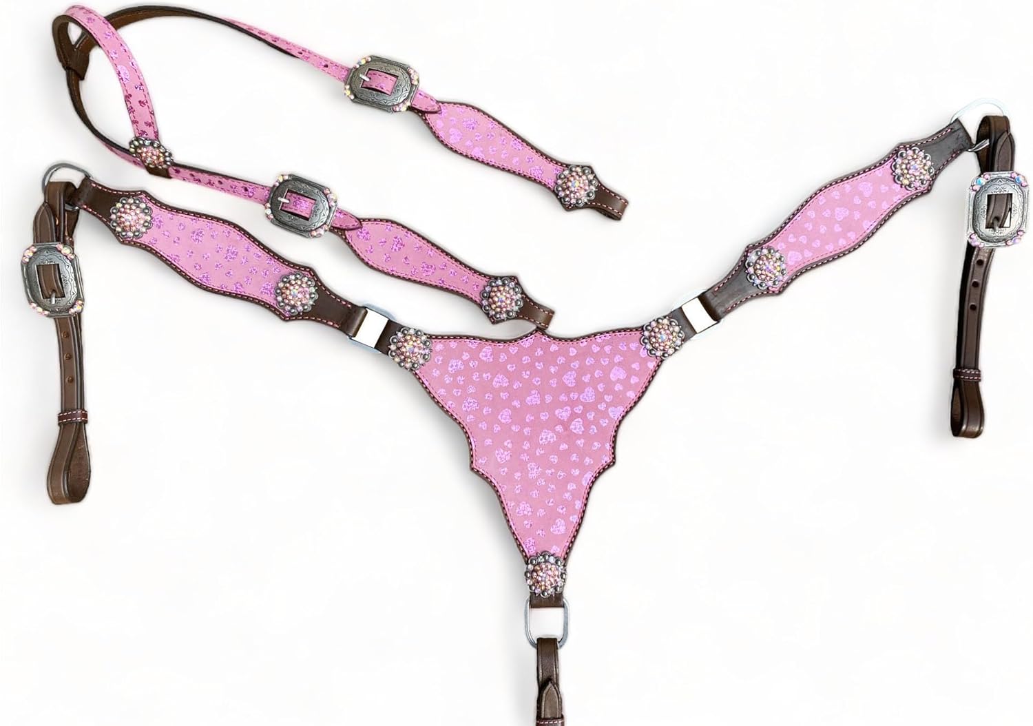 Argentina Cow Western Leather Headstall and Breast Collar Tack Set - Pink Heart Patch with Rhinestone Concho - Perfect Valentine’s Gift for Horse Lovers