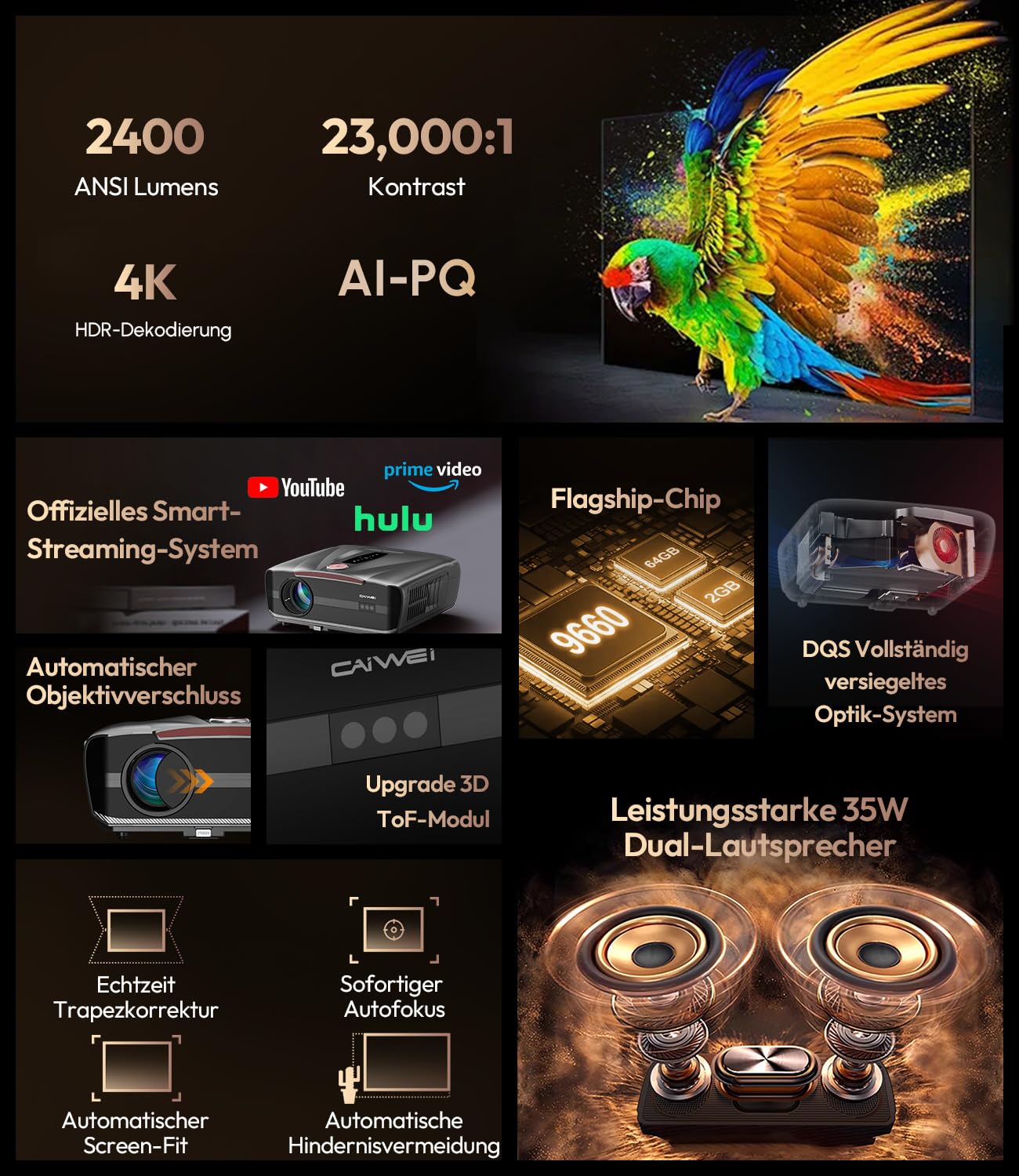 Proiettore 4K per luce diurna [Netflix] 2400 ANSI Lumen, HDR10+, Ultra HD, HDMI eARC, Smart Home Theater con AI-PQ, Wi-Fi 6/Bluetooth 5.4, messa a fuoco automatica ToF, DD+, 64 GB, MEMC, proiettore