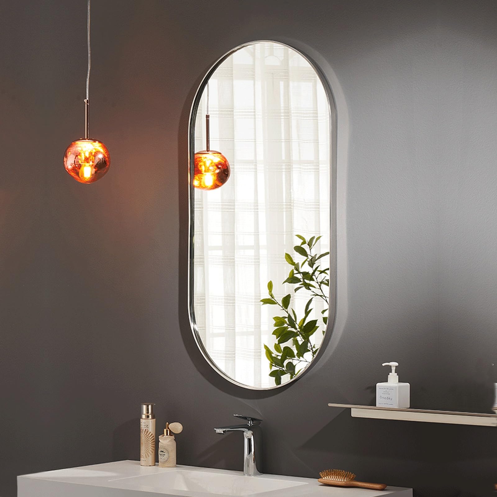 WJFTODAY Large Oval Bathroom Mirror, Silver Vanity Wall Mirror for Entryway & Living Room, 100cm/39in Decorative Mirror, Stylish Home Décor, Modern Design