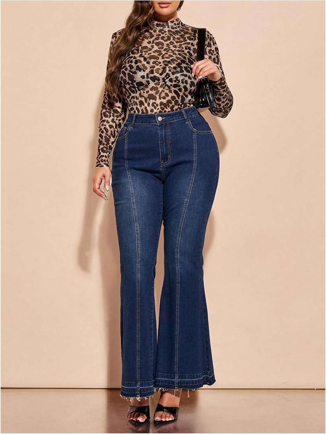 WDIRARA Women's Plus Size Leopard Print Mesh See Through Top Mock Neck Long Sleeve Fitted Tee Shirts - Image 6