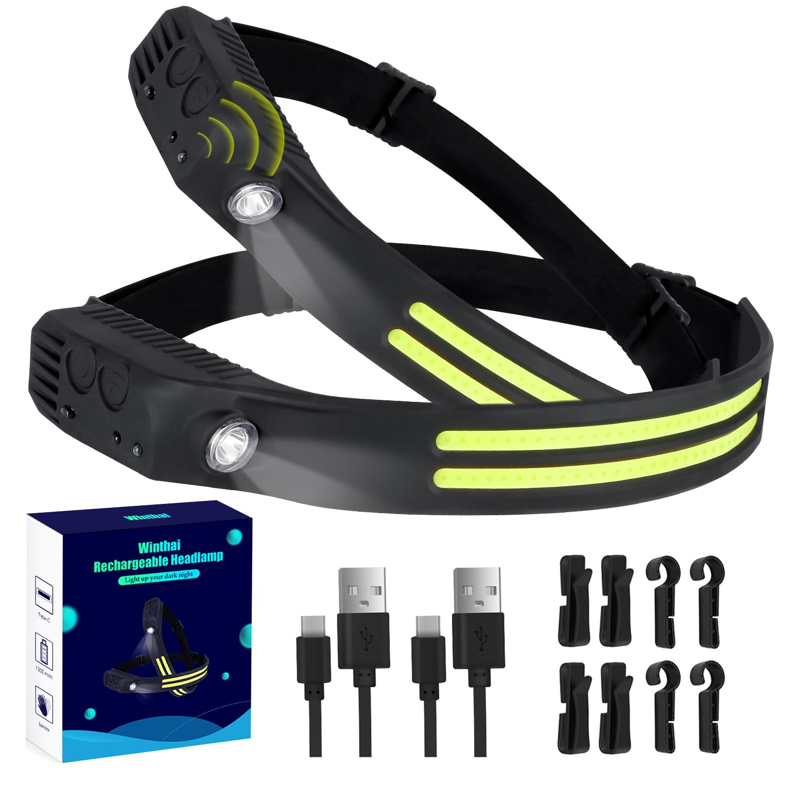 Winthai Stirnlampe Led Wiederaufladbar, 2 SuperHell 450 Lux Mit 5 Modi 1500mAh Kopflampe, 230°Ultra Weitwinkel Stirnlampe Led, 95g Licht IPX4 Wasserdicht, Ideal für Laufen Angeln Radfahren Camping.